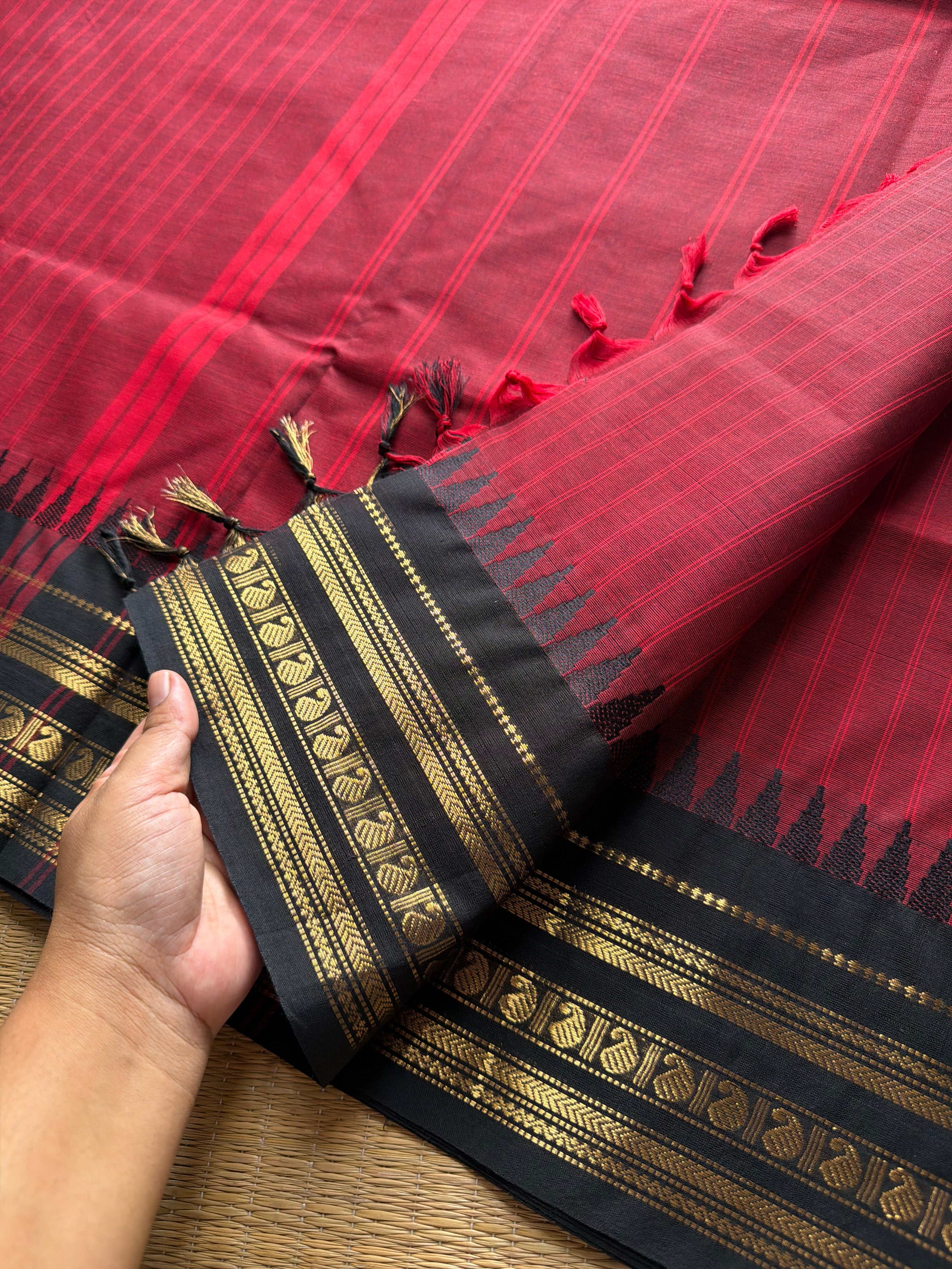 RF741 Maroon with black combination Kanchi cotton saree with vertical stripped pattern & mango Zari border