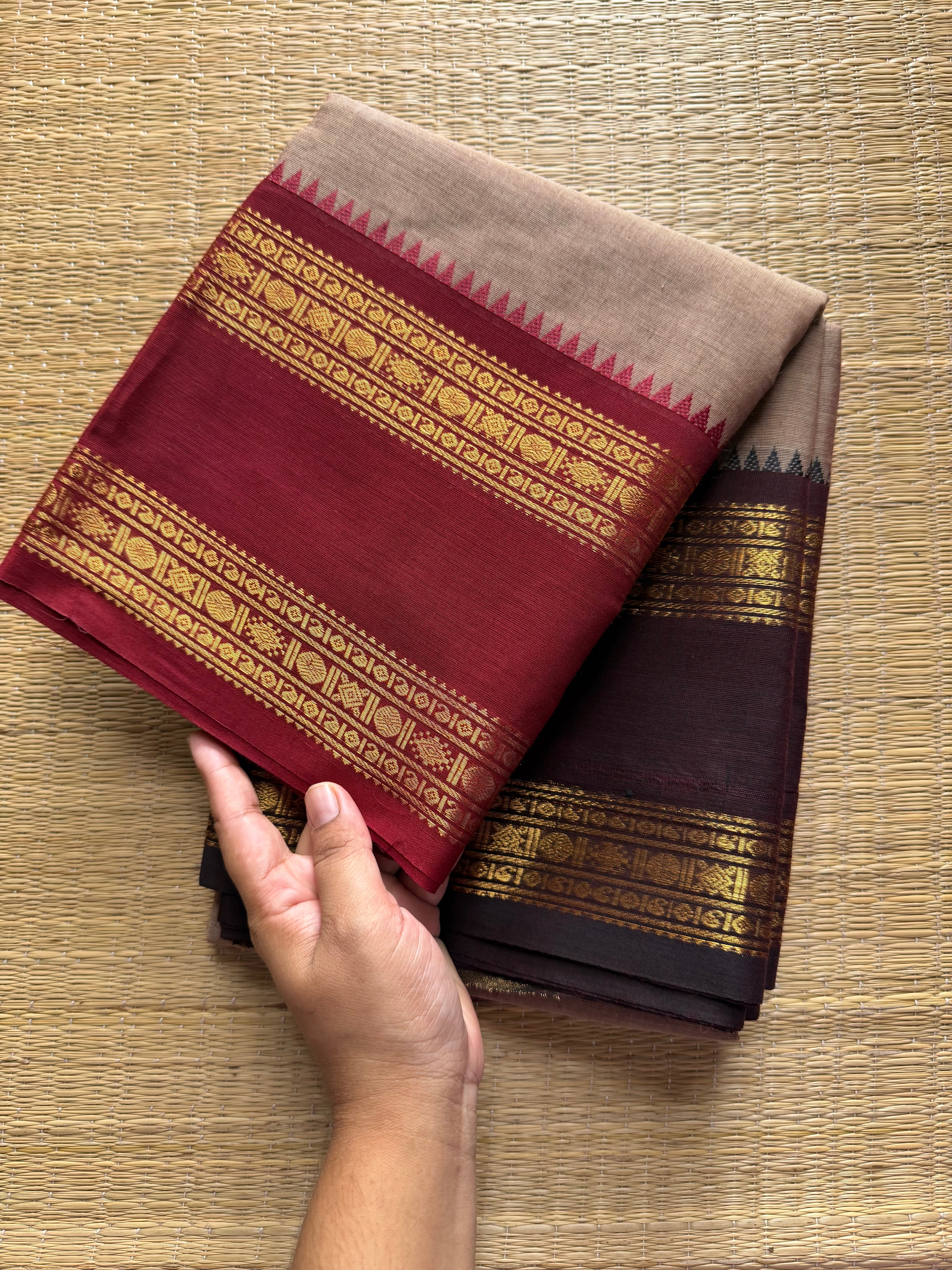 RF271 Biscuit shade Kanchi cotton saree with Ganga Jamuna border