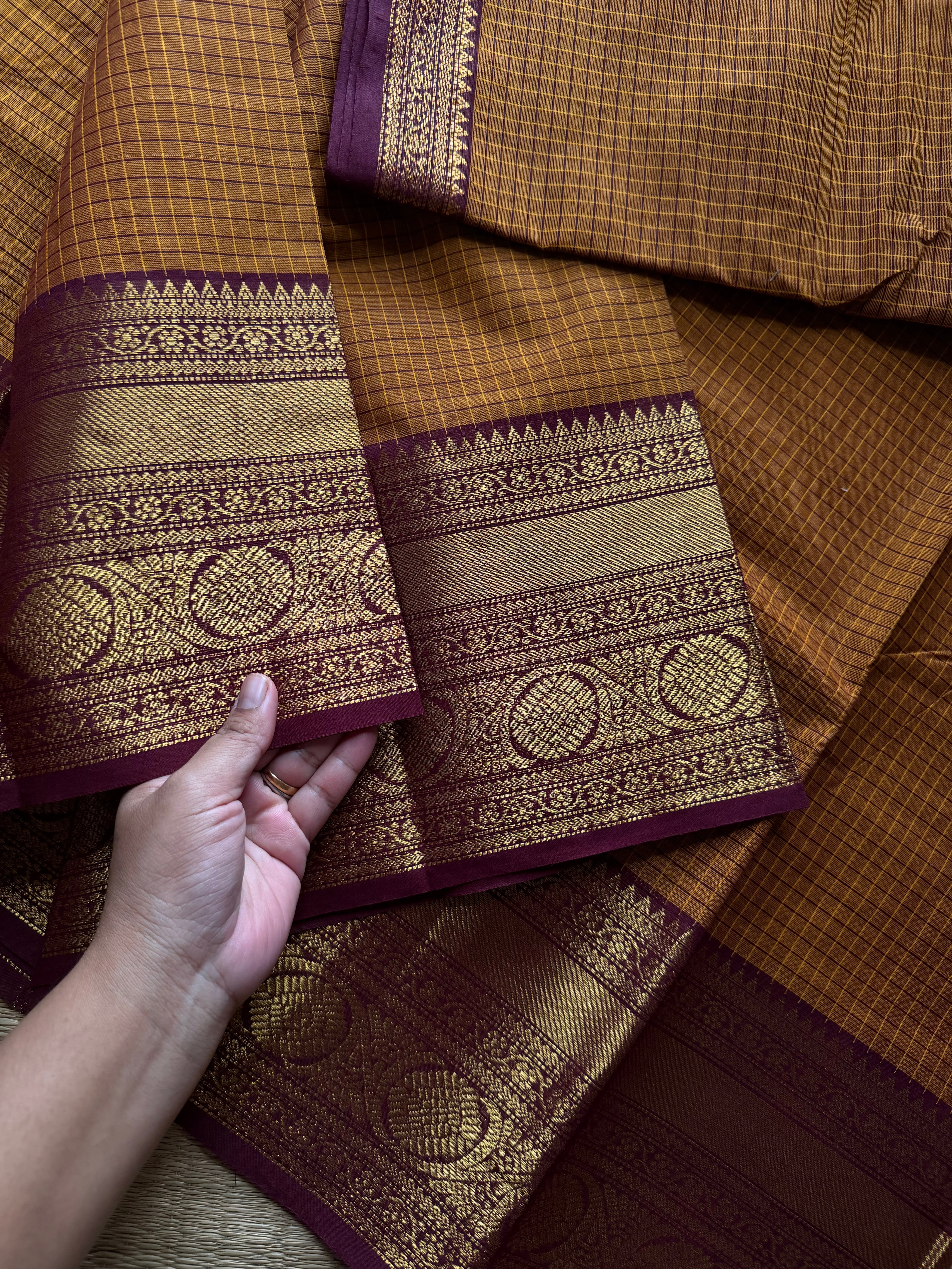 RF1297 Kattam Edition ~ Dual shade Mustard with brown combination Kanchi cotton saree with checks pattern