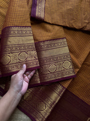 RF1297 Kattam Edition ~ Dual shade Mustard with brown combination Kanchi cotton saree with checks pattern