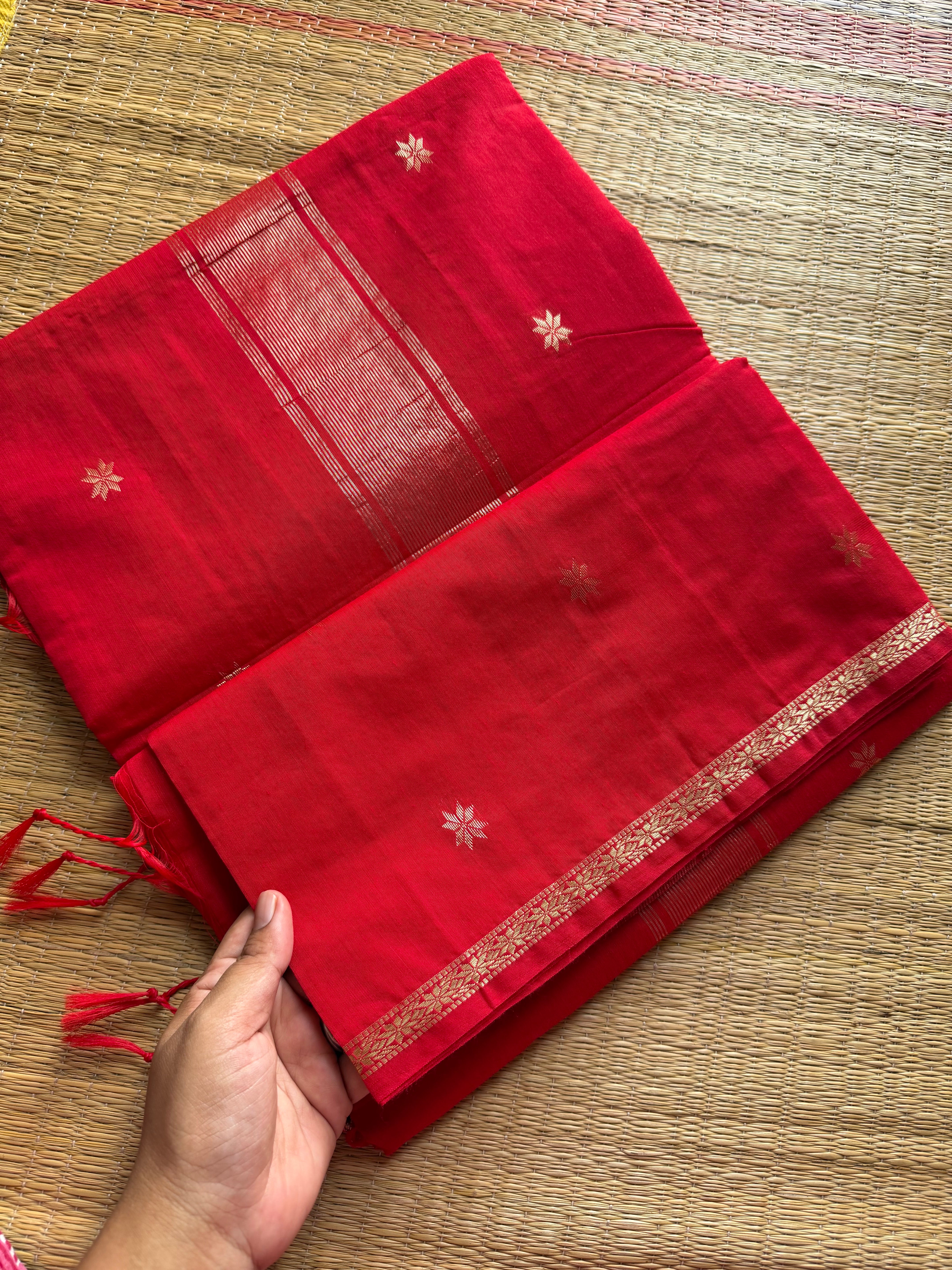 RF185 Monotone Chilli red shade Maheswari semi silk cotton saree