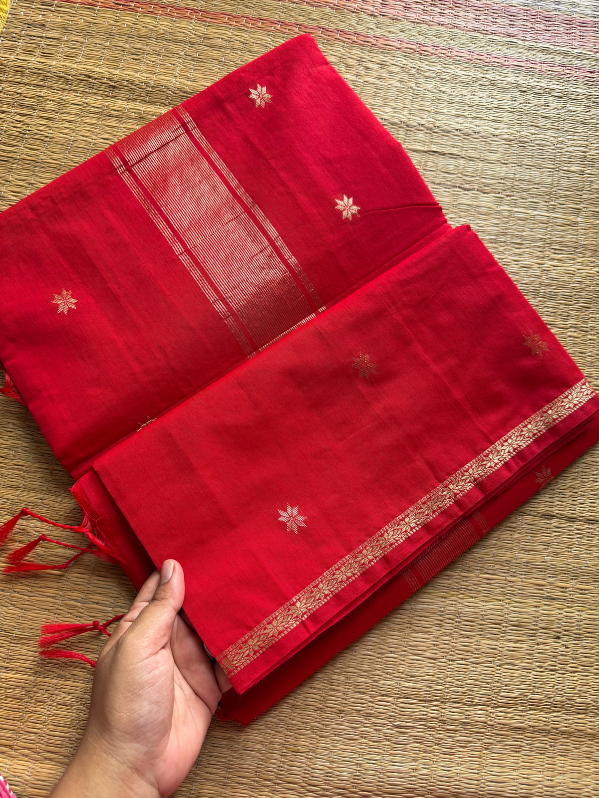 RF185 Monotone Chilli red shade Maheswari semi silk cotton saree