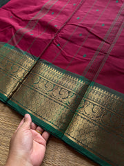 RF548 Maroon with green combination Kanchi cotton saree with handmade thread buttas