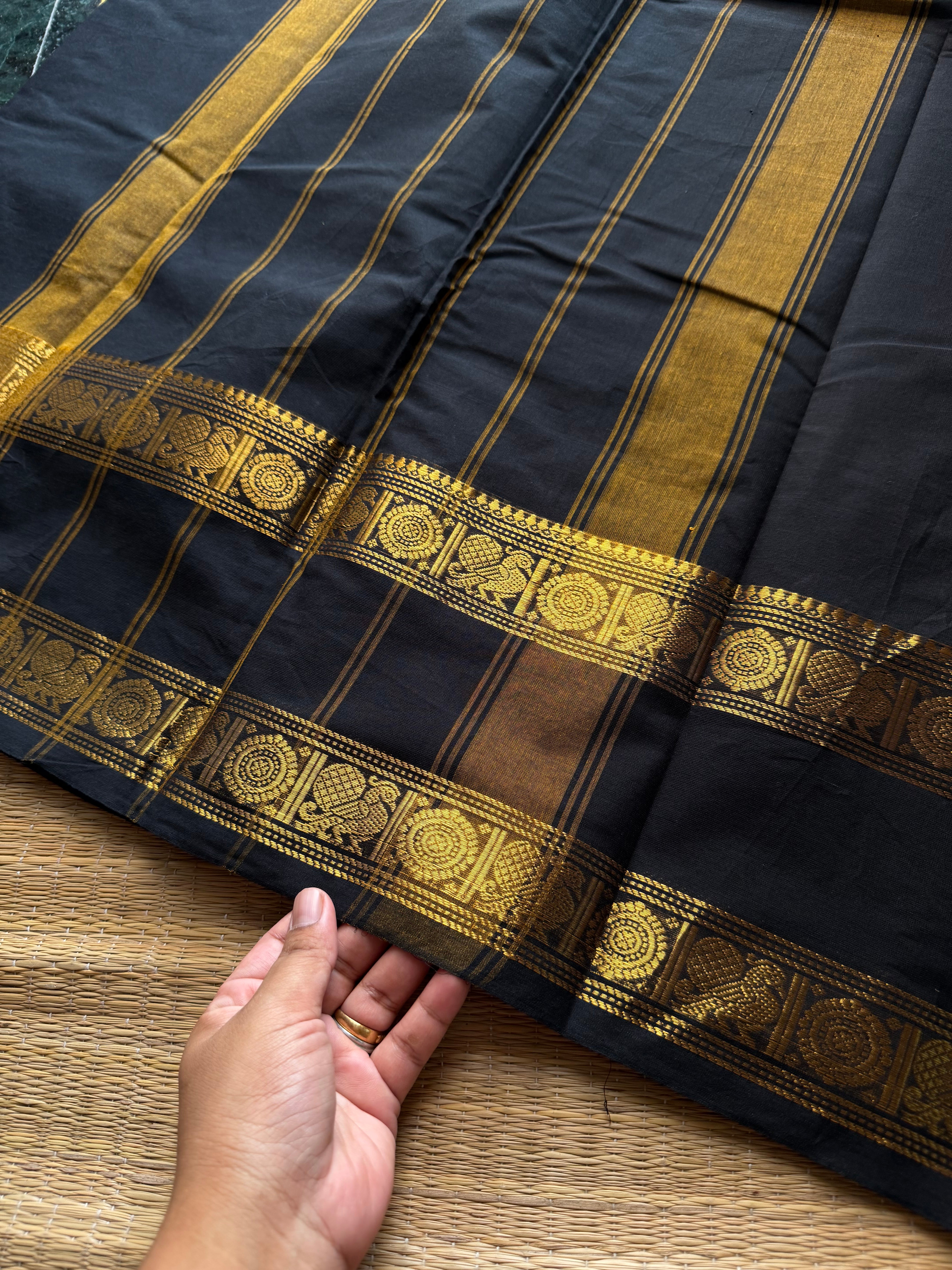 RF717 Monotone black Kanchi cotton saree with Annam pattern gap border