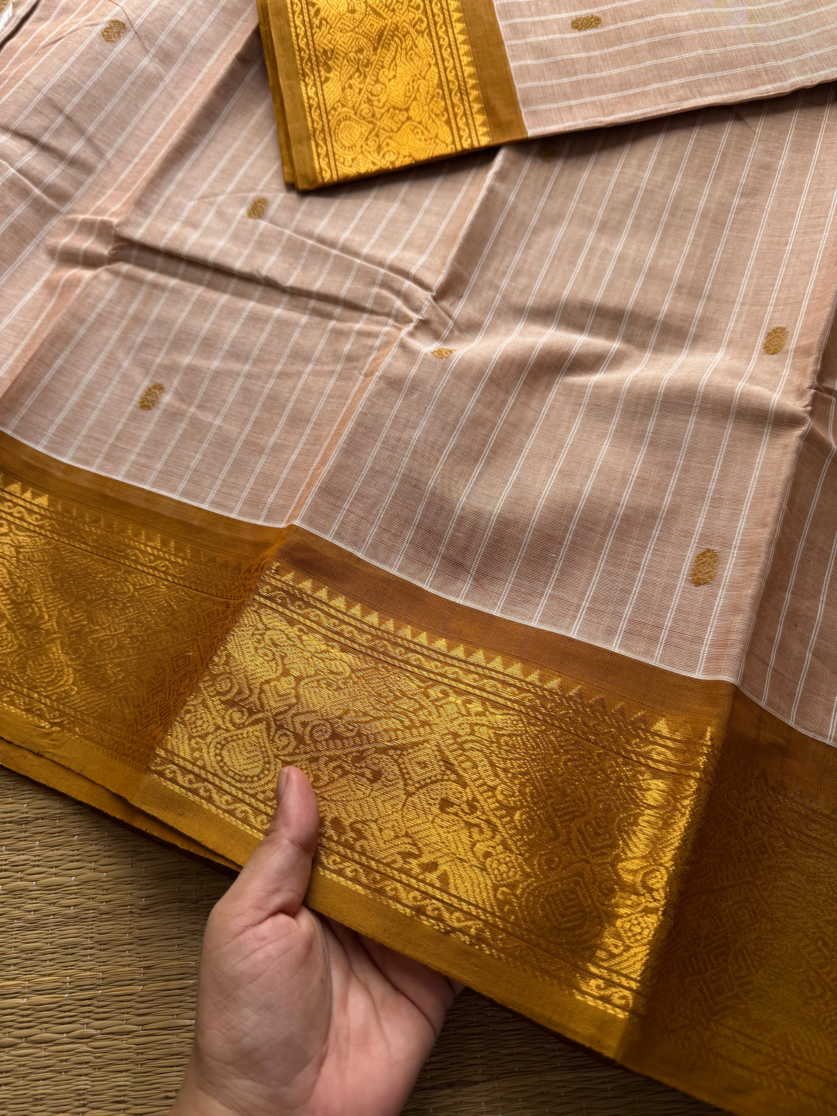 RF432 Premium Kanchi Cotton Saree in Beige and Mustard | Striped Pattern with Handmade Thread Buttas and Vanasingaram Border