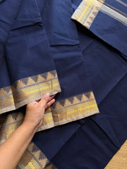 RF505 Navy blue with grey combination small border Thazhampoo pattern Kanchi cotton saree