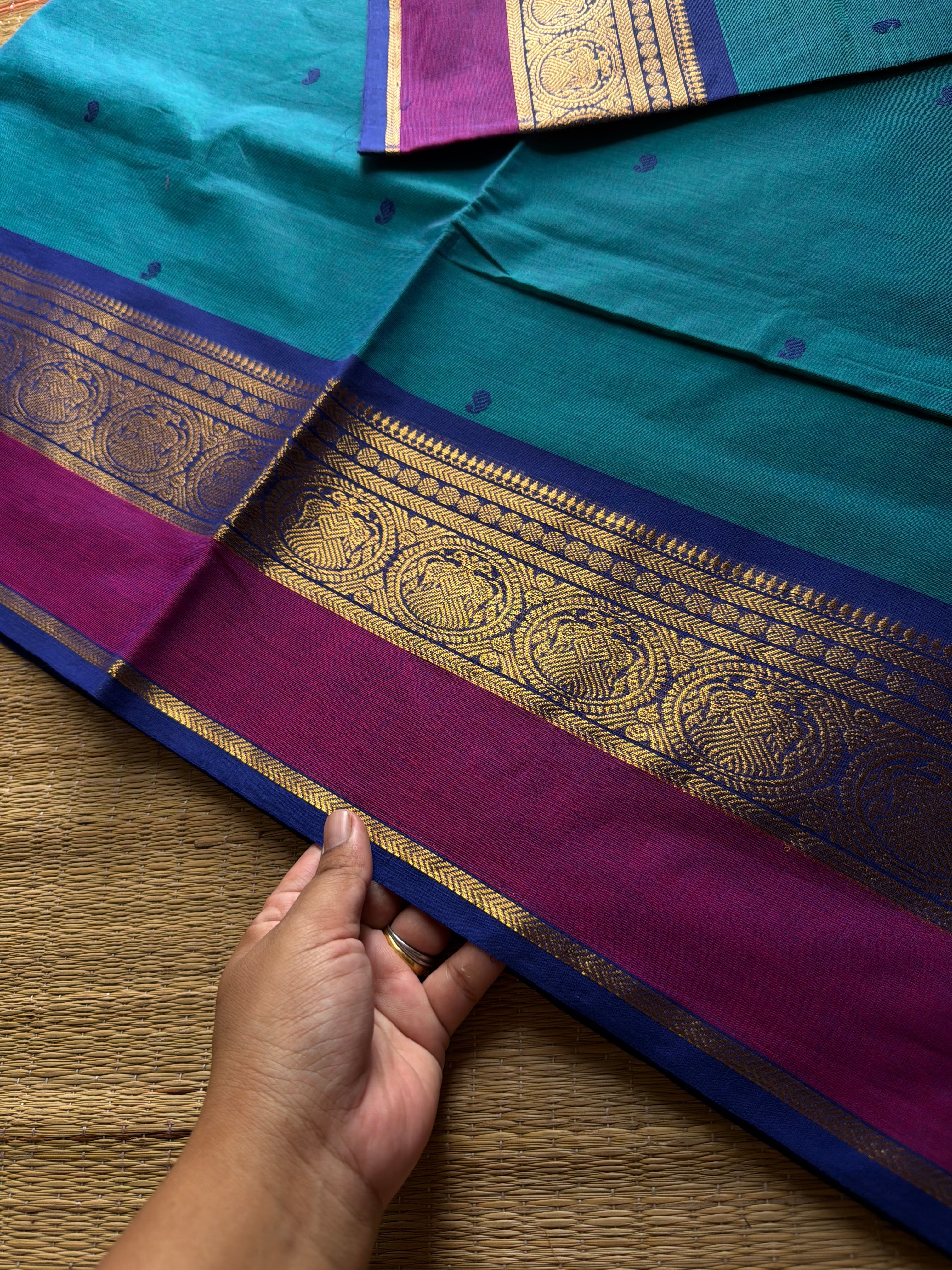 RF897 Kanchi cotton saree with handmade thread buttas ~ Peacock blue shade