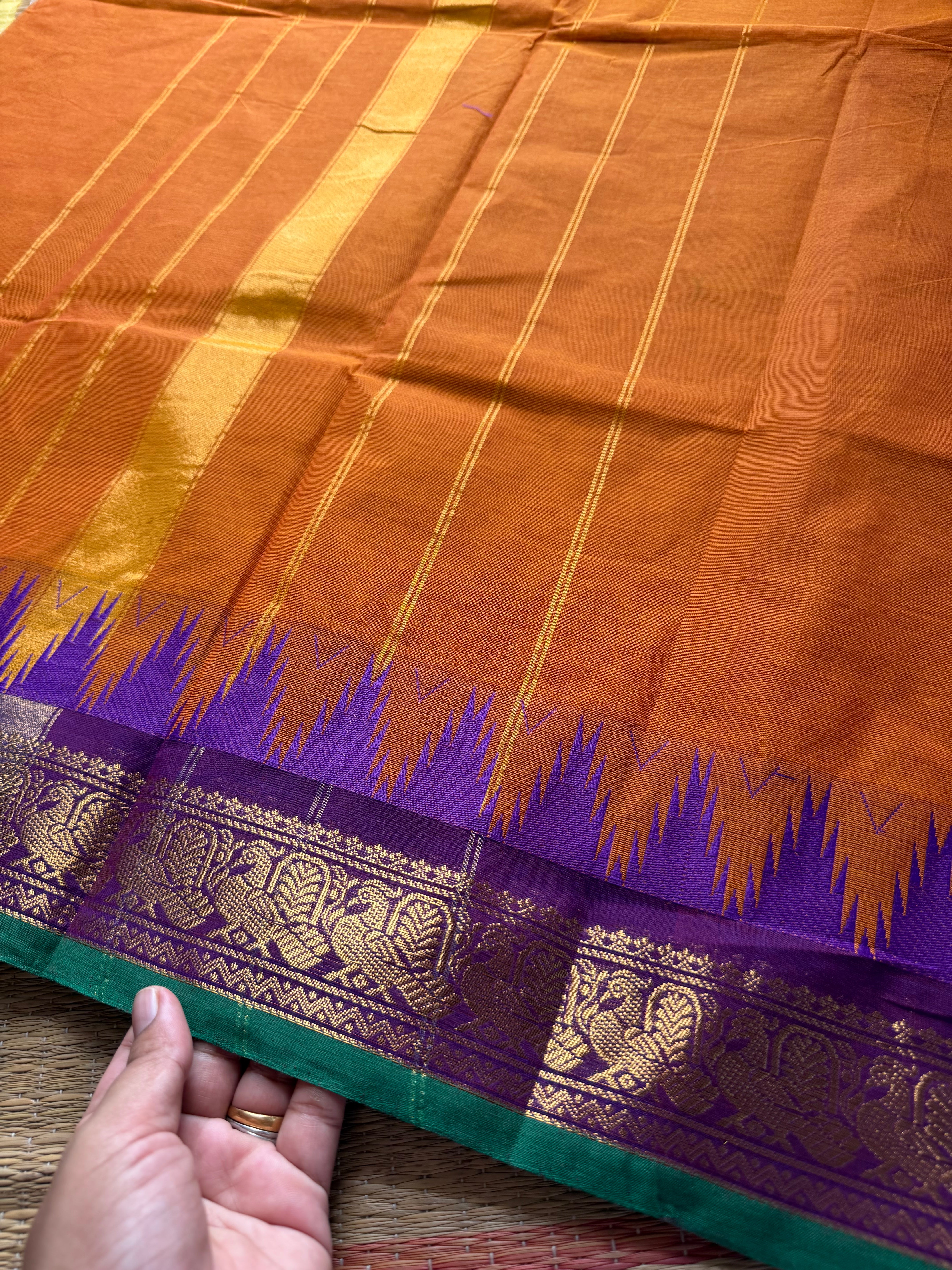RF207 Orange with purple combination Kanchi cotton saree with Thazhampoo border