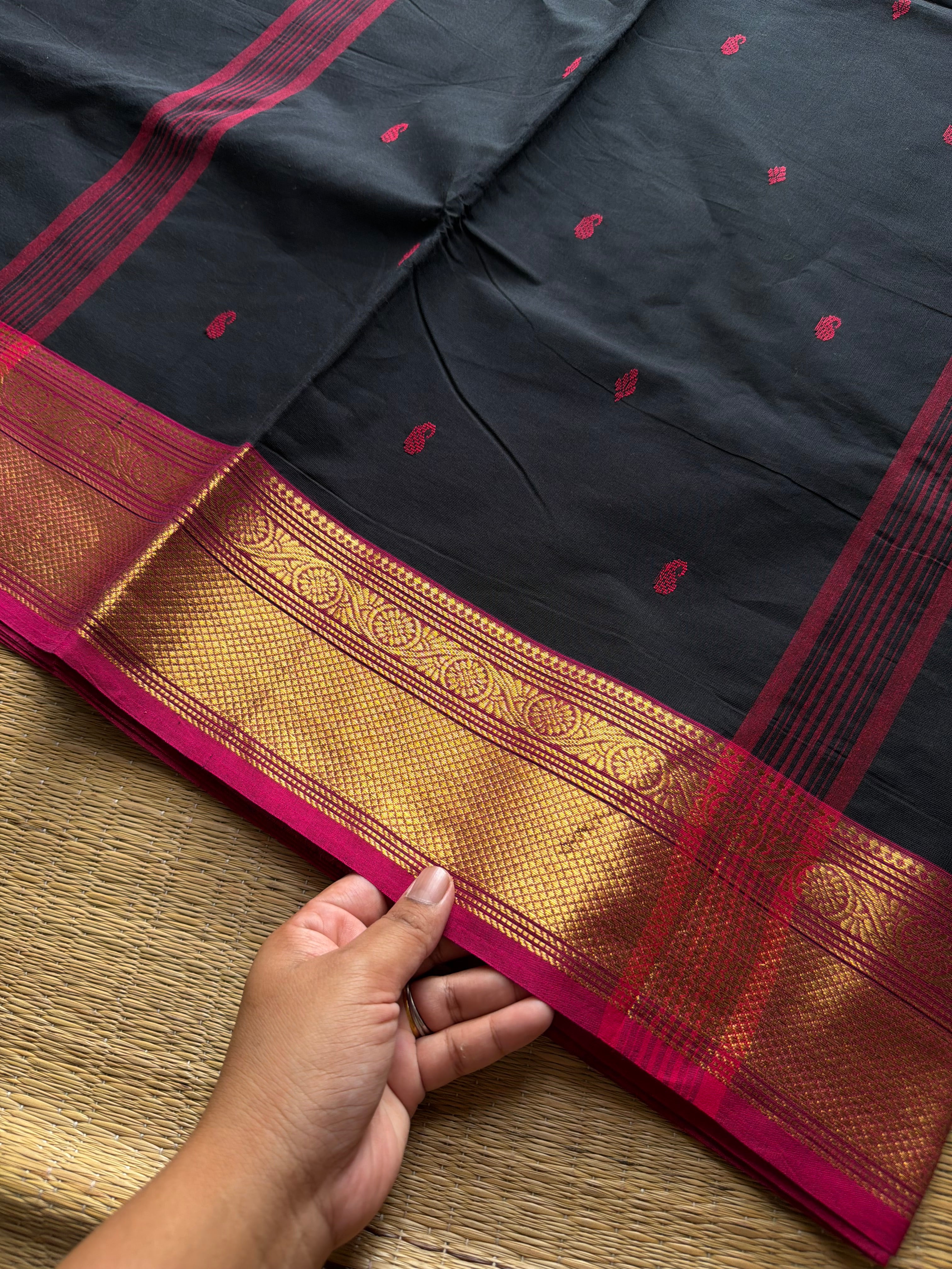 RF896 Kanchi cotton saree with handmade thread buttas ~ Black