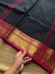 RF896 Kanchi cotton saree with handmade thread buttas ~ Black
