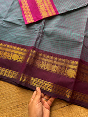 RF621 Ganga Jamuna Border Checks Pattern Kanchi Cotton Saree ~ Dual tone blue