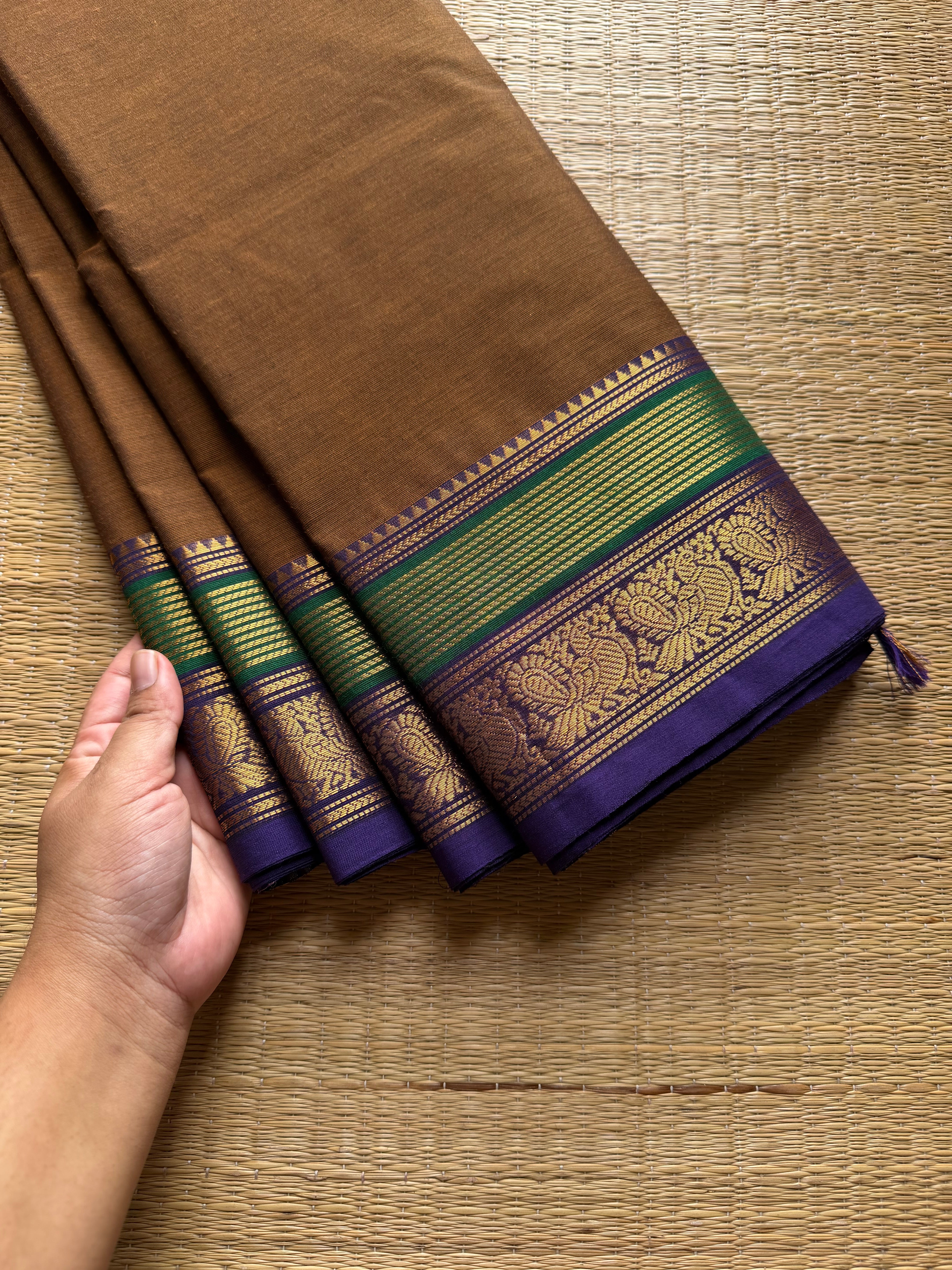 RF695 Silk Saree Inspired Kanchi Cotton saree ~ Earthy brown shade