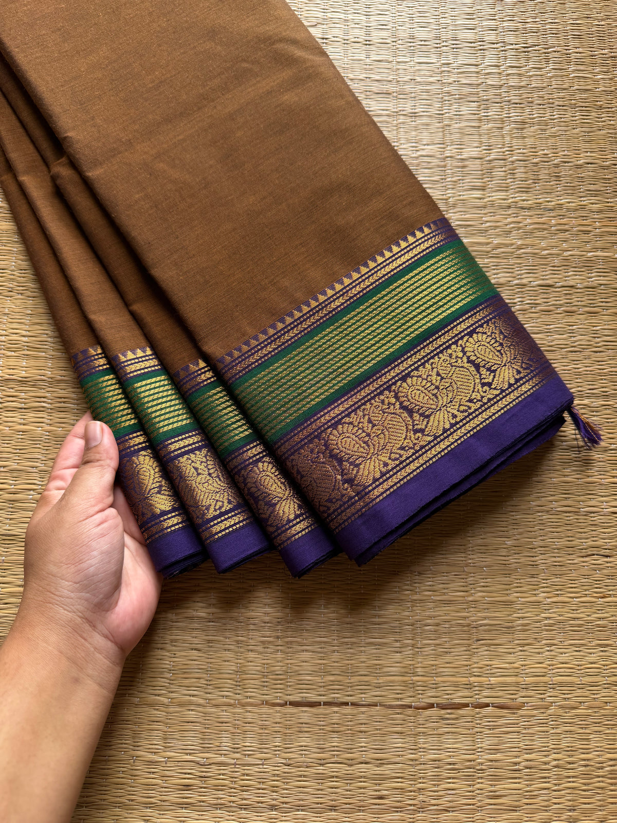 RF695 Silk Saree Inspired Kanchi Cotton saree ~ Earthy brown shade