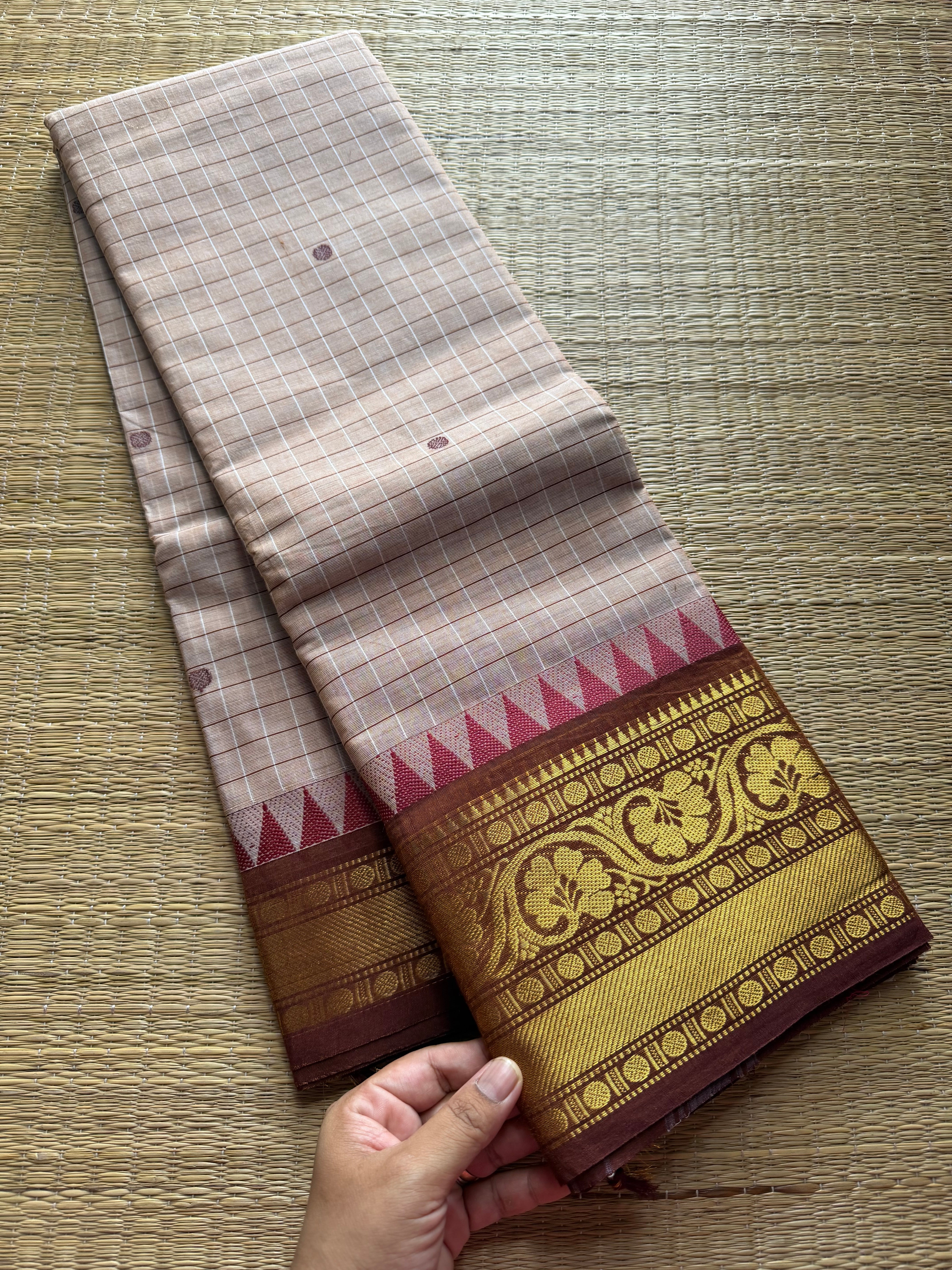 RF234 Beige With contrast light maroon combination Kanchi cotton saree with checks / Kattam pattern & handmade thread buttas