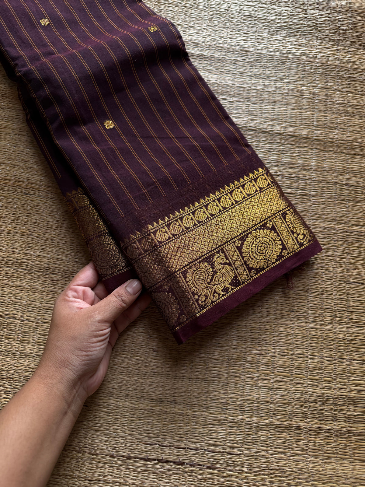 RF1296 Deep coffee brown ~ Silk saree inspired Kanchi cotton saree with vertical stripped & Annam pattern border and handmade golden Zari Buttas
