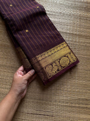 RF1296 Deep coffee brown ~ Silk saree inspired Kanchi cotton saree with vertical stripped & Annam pattern border and handmade golden Zari Buttas