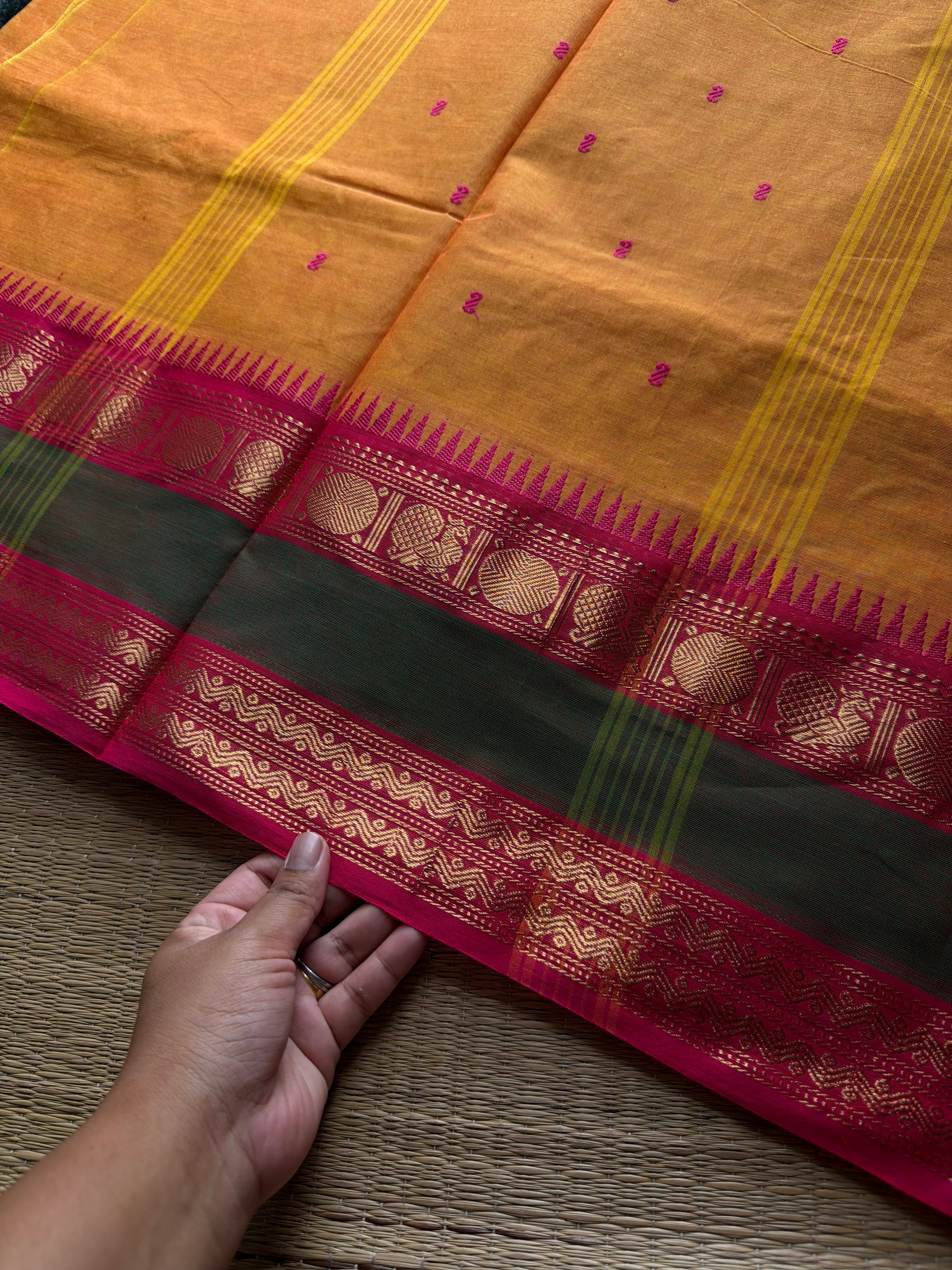 RF899 Kanchi cotton saree with handmade thread buttas ~ mango shade