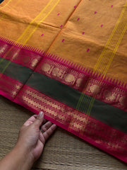RF899 Kanchi cotton saree with handmade thread buttas ~ mango shade