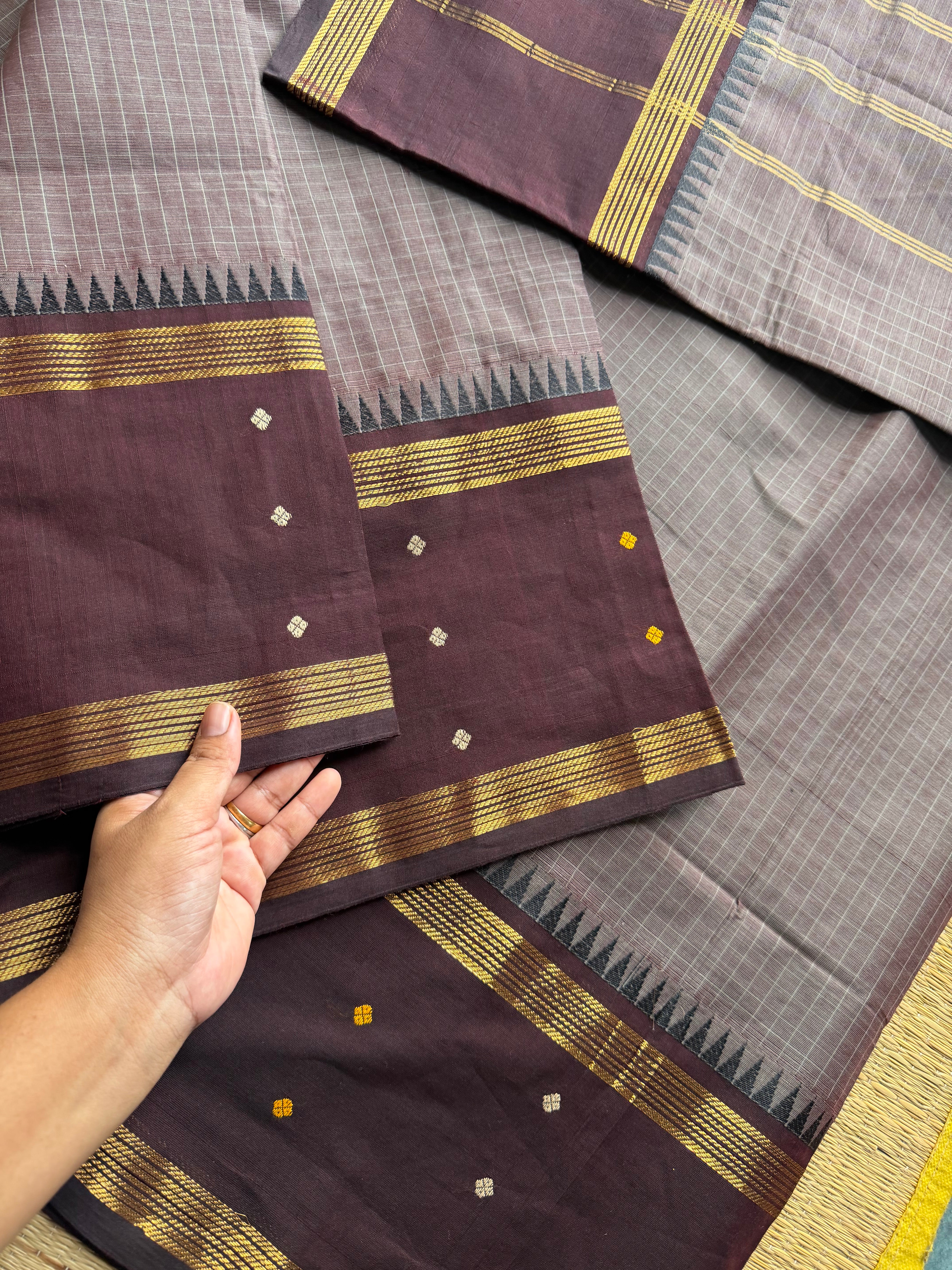 RF212 Grey with brown combination kanchi cotton saree with Vintage Style Border with checks pattern & handwoven Buttas on the border