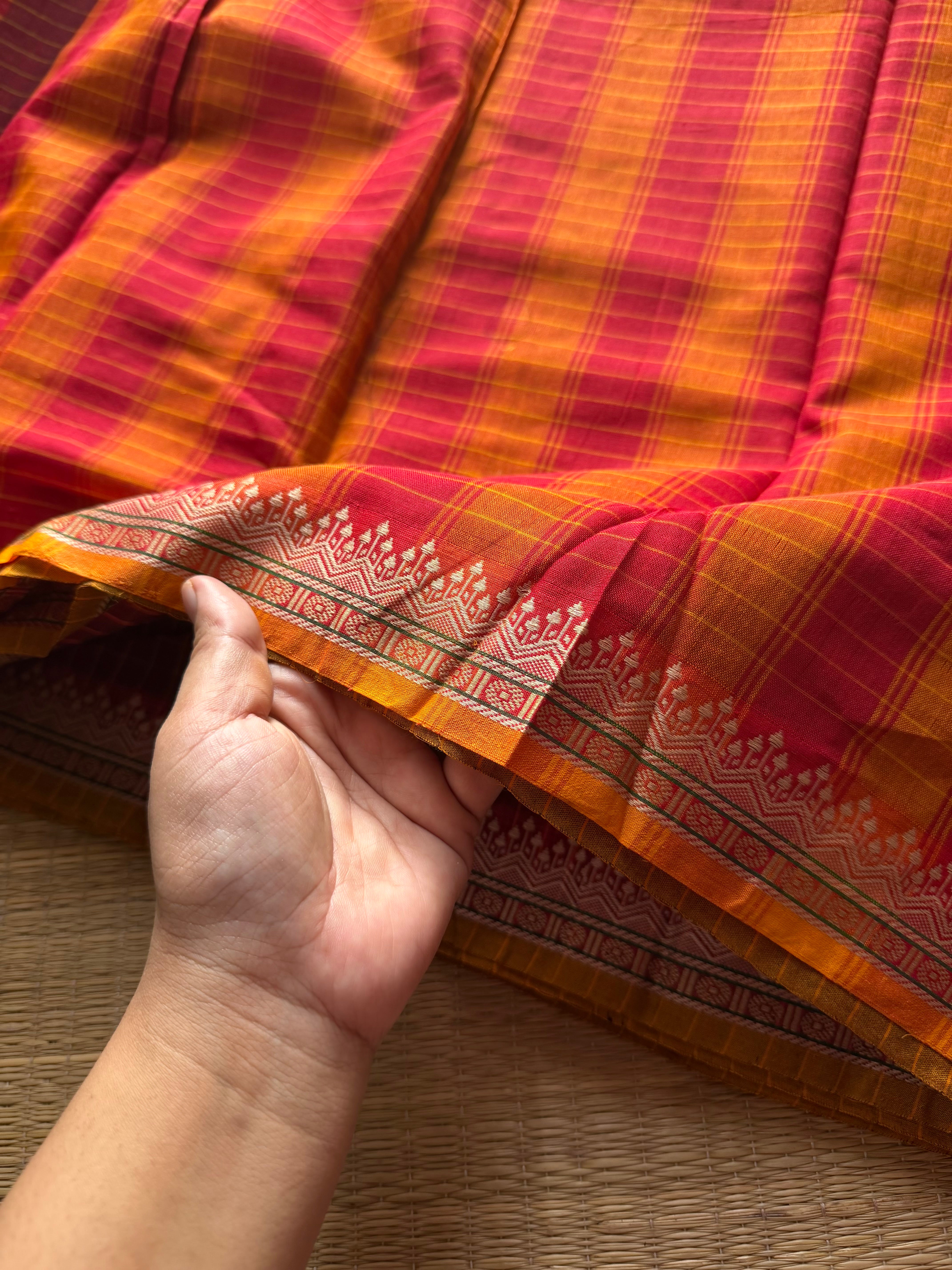 RF525 Maroon shade Mercerised Narayanpet cotton saree with contrast small border and checks / kattam pattern