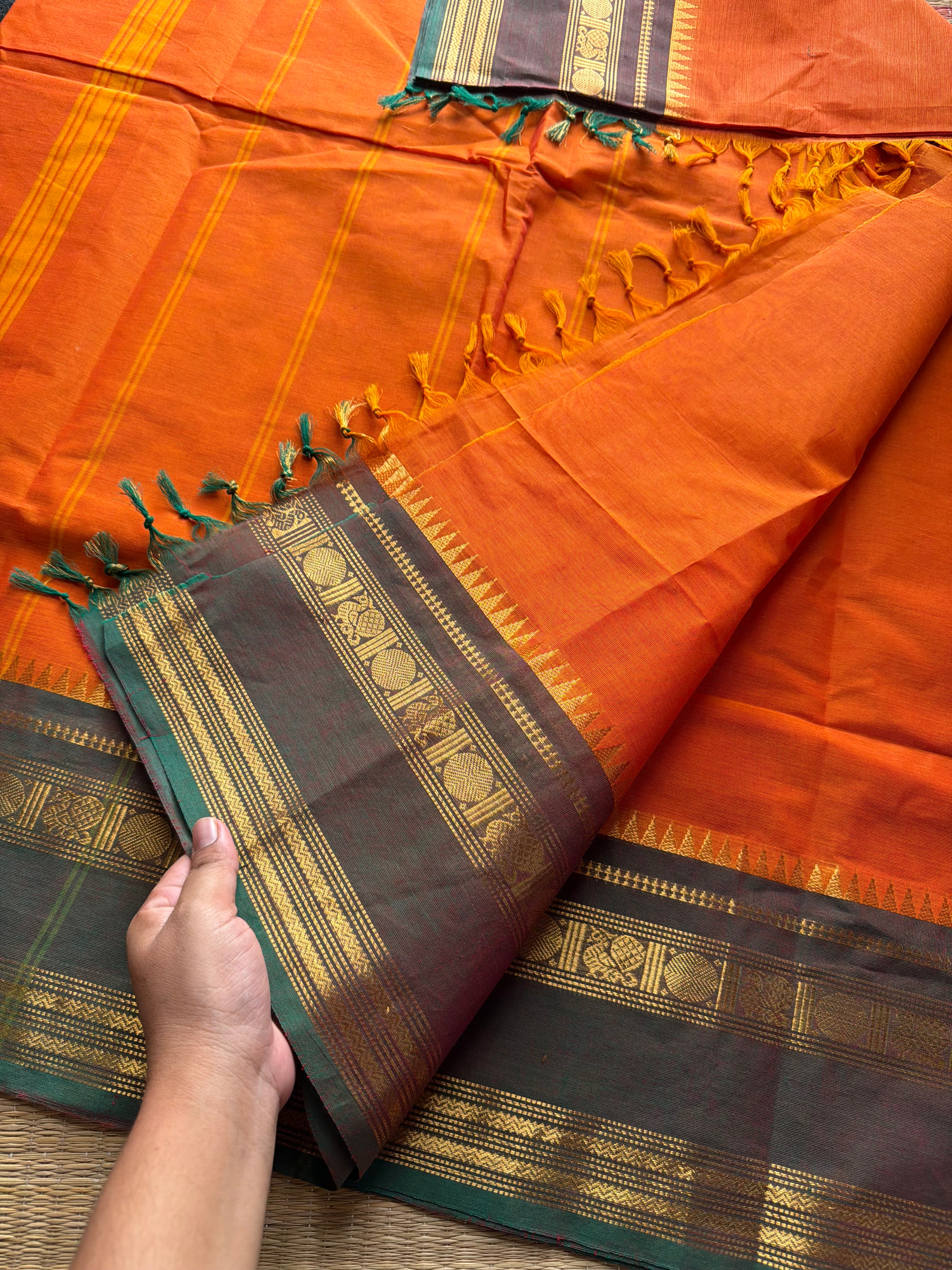 RF341 Orange with green combination Kanchi cotton saree with Annam pattern Rettapet border