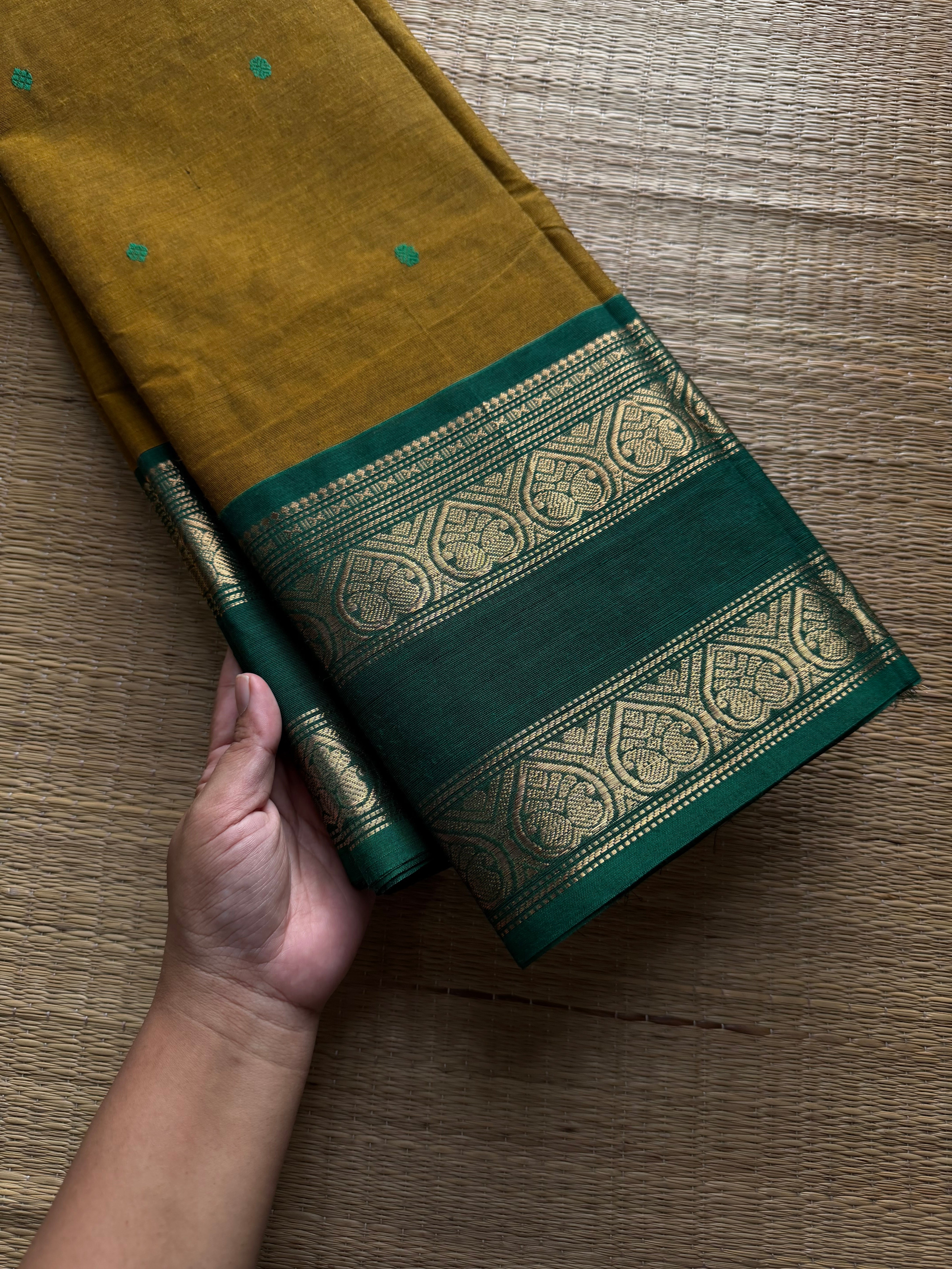 RF863 Dual tone mustard shade Kanchi cotton saree with handmade thread buttas
