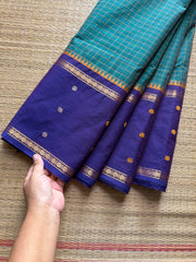 RF248 Peacock Blue shade kanchi cotton saree with Vintage Style Border kattam checks pattern & handwoven Buttas on the border