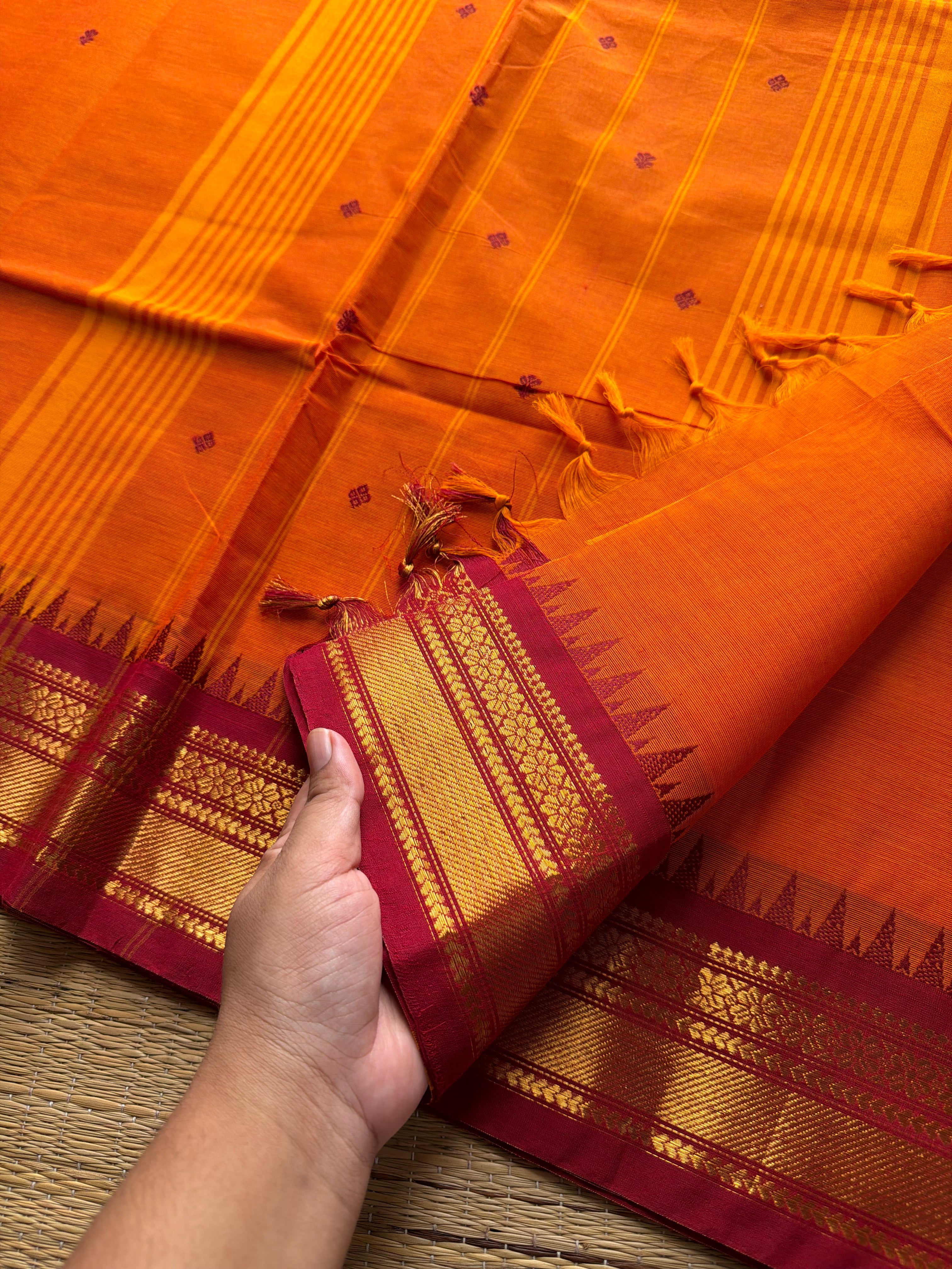RF381 Orange with contrast maroon combination small border Kanchi cotton saree with handmade thread buttas