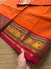 Orange with red & green combination Kanchi cotton saree with Annam & elephant pattern contrast double color border
