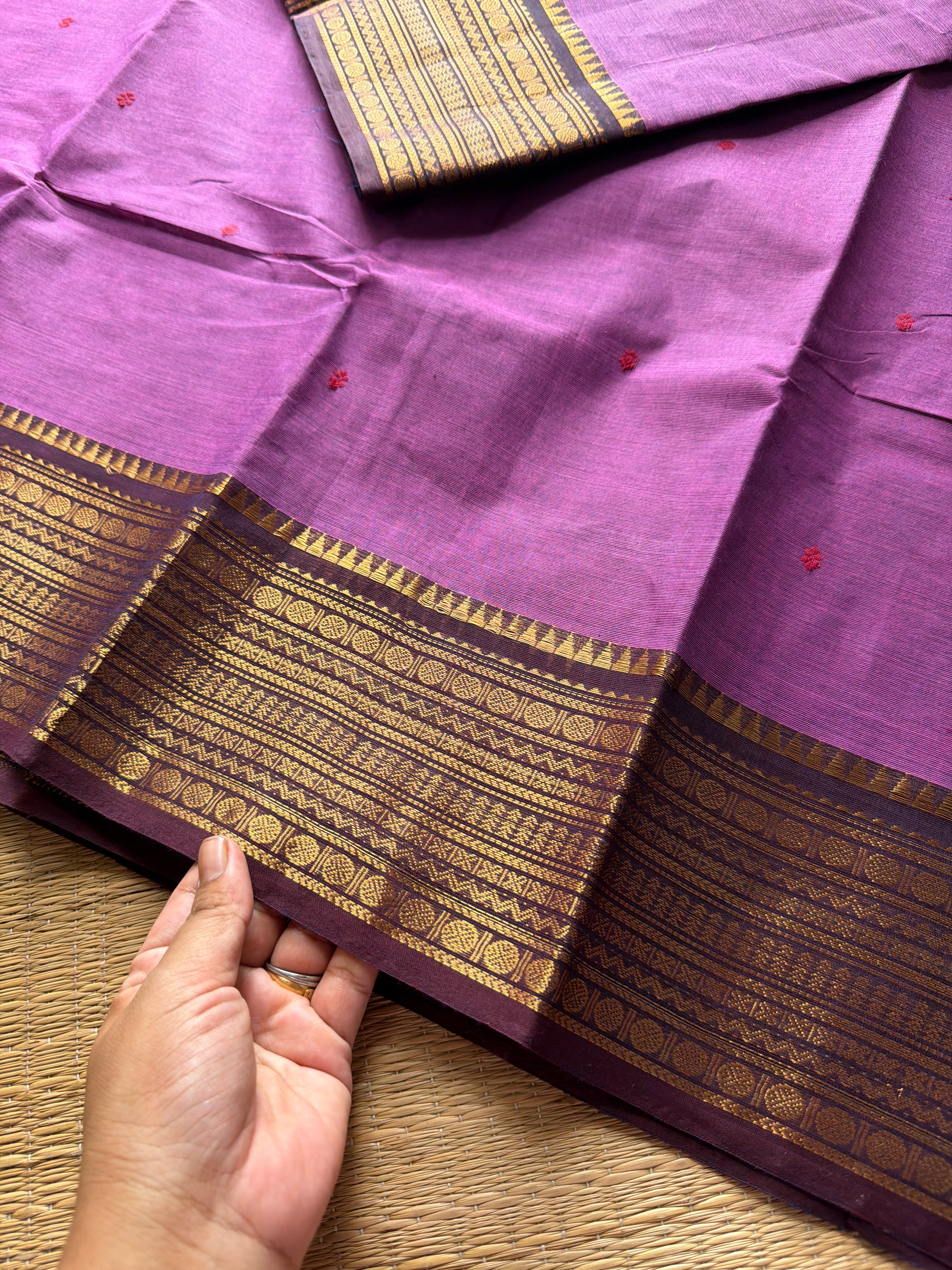 RF607 Dark lavender Kanchi cotton saree with contrast brown border and handmade thread buttas
