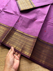 RF607 Dark lavender Kanchi cotton saree with contrast brown border and handmade thread buttas