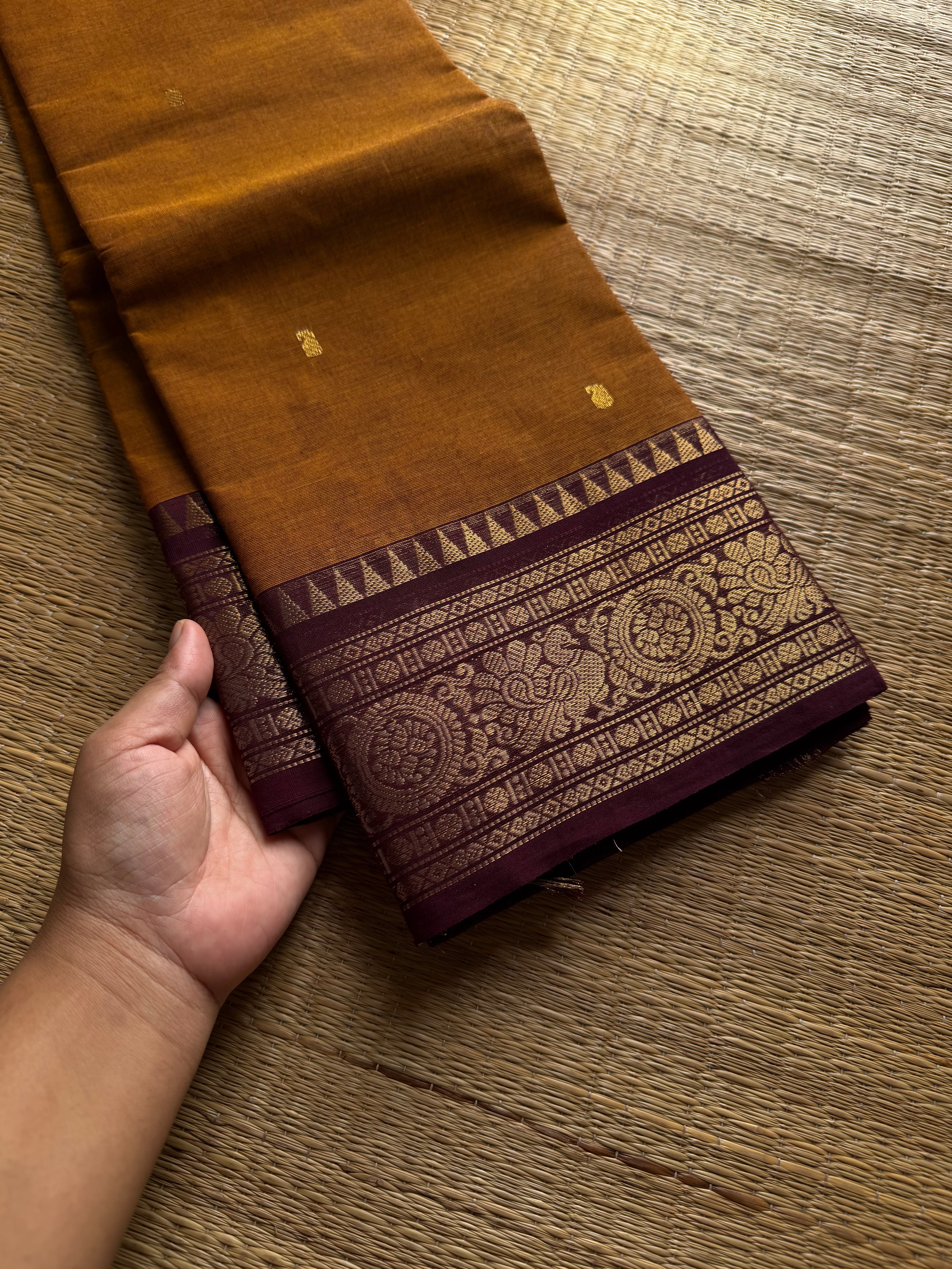 RF1350 Mustard with brown Kanchi cotton saree with handmade thread buttas