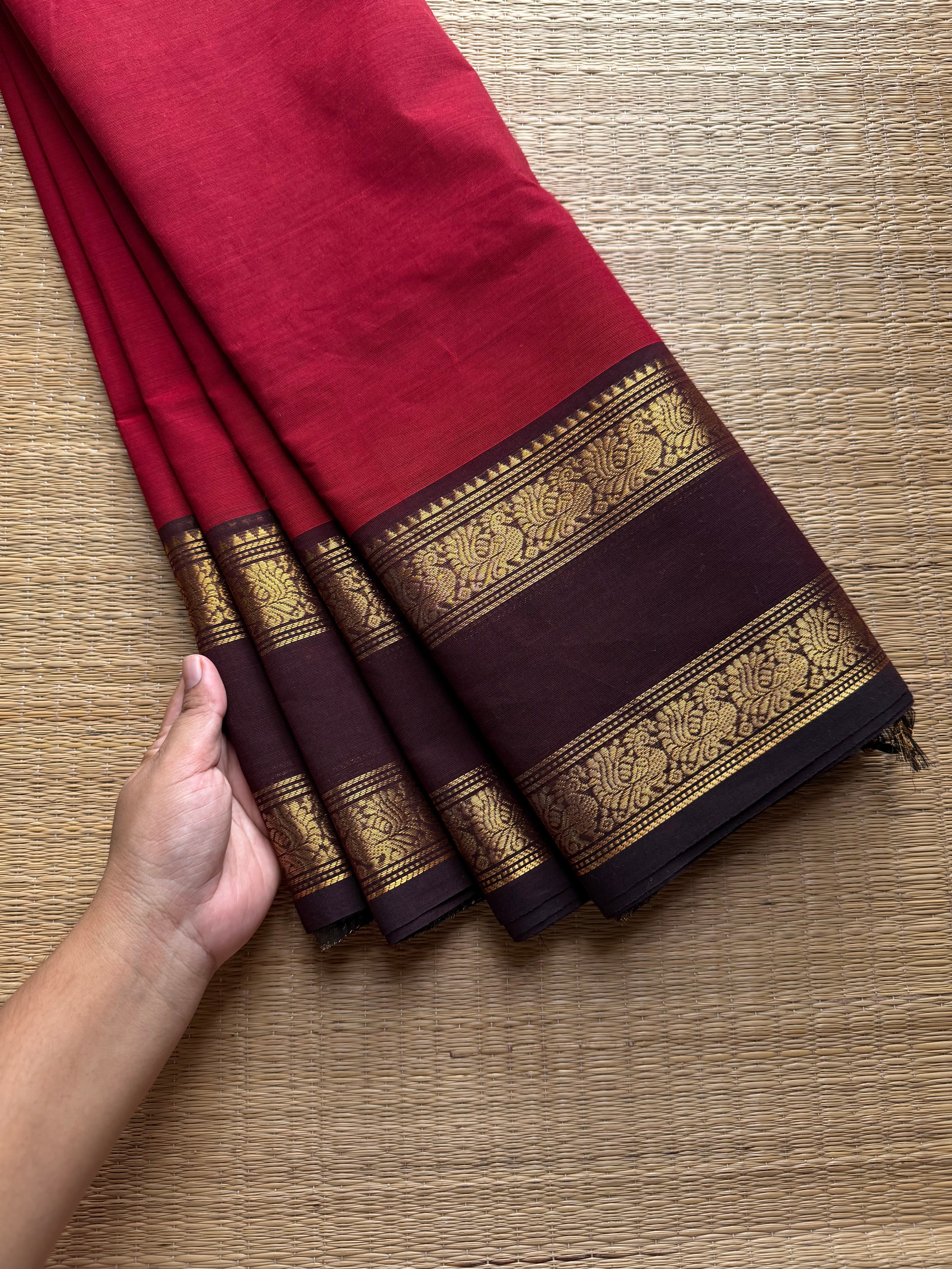 RF805 Reddish maroon with brown combination gap border Kanchi cotton saree
