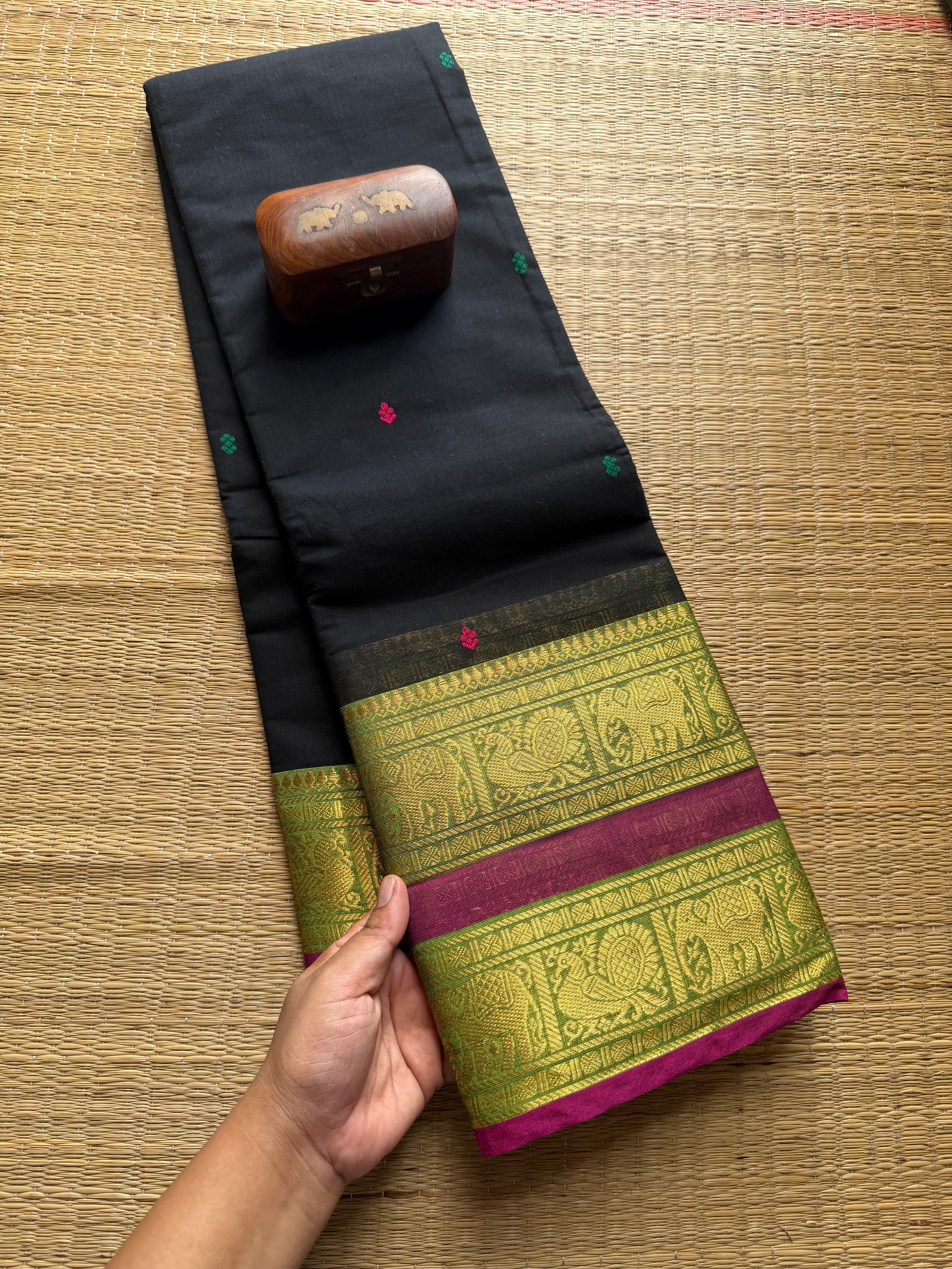 Black With Green Retta Border Kanchi Cotton Saree With Handmade Thread Buttas