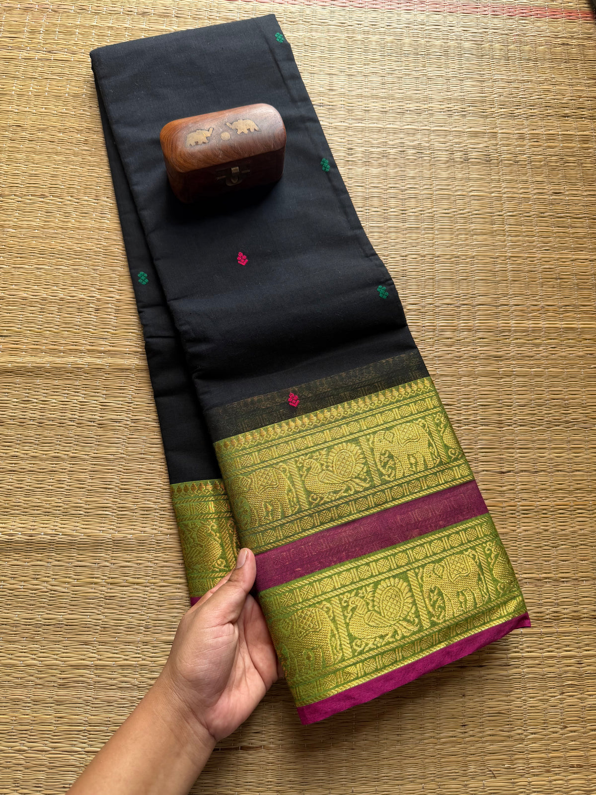 Black With Green Retta Border Kanchi Cotton Saree With Handmade Thread Buttas