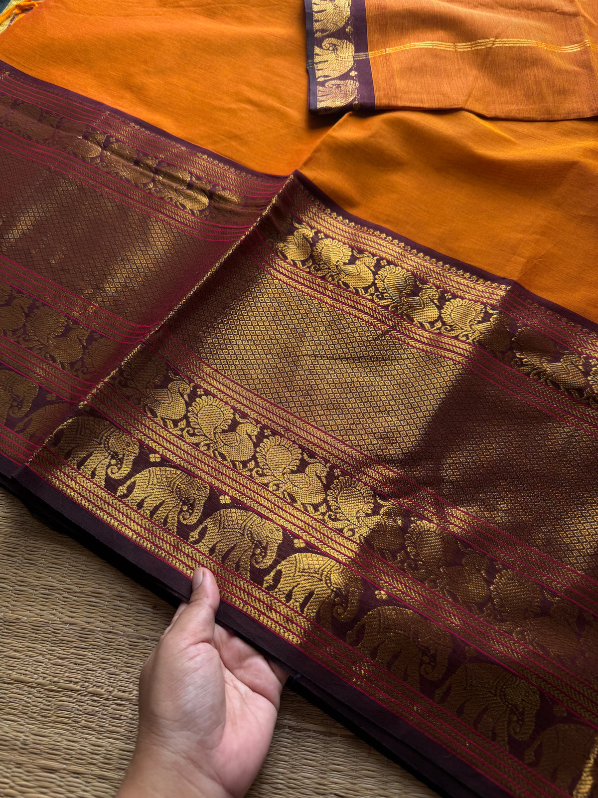 RF1193 Rust orange with brown ~ Long / Big border Kanchi cotton saree