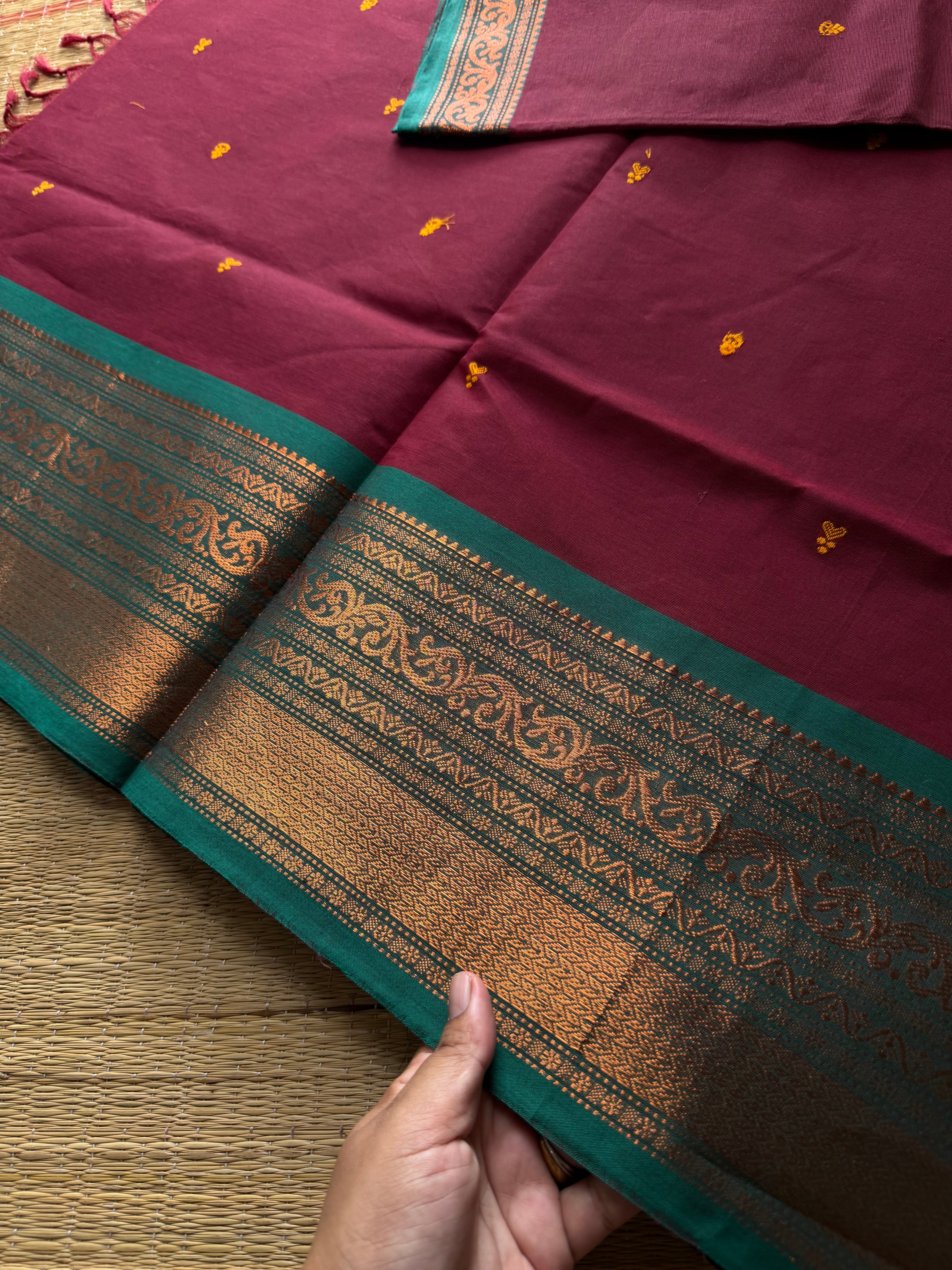 RF893 Copper Zari Kanchi cotton saree with handmade thread buttas ~ Maroon