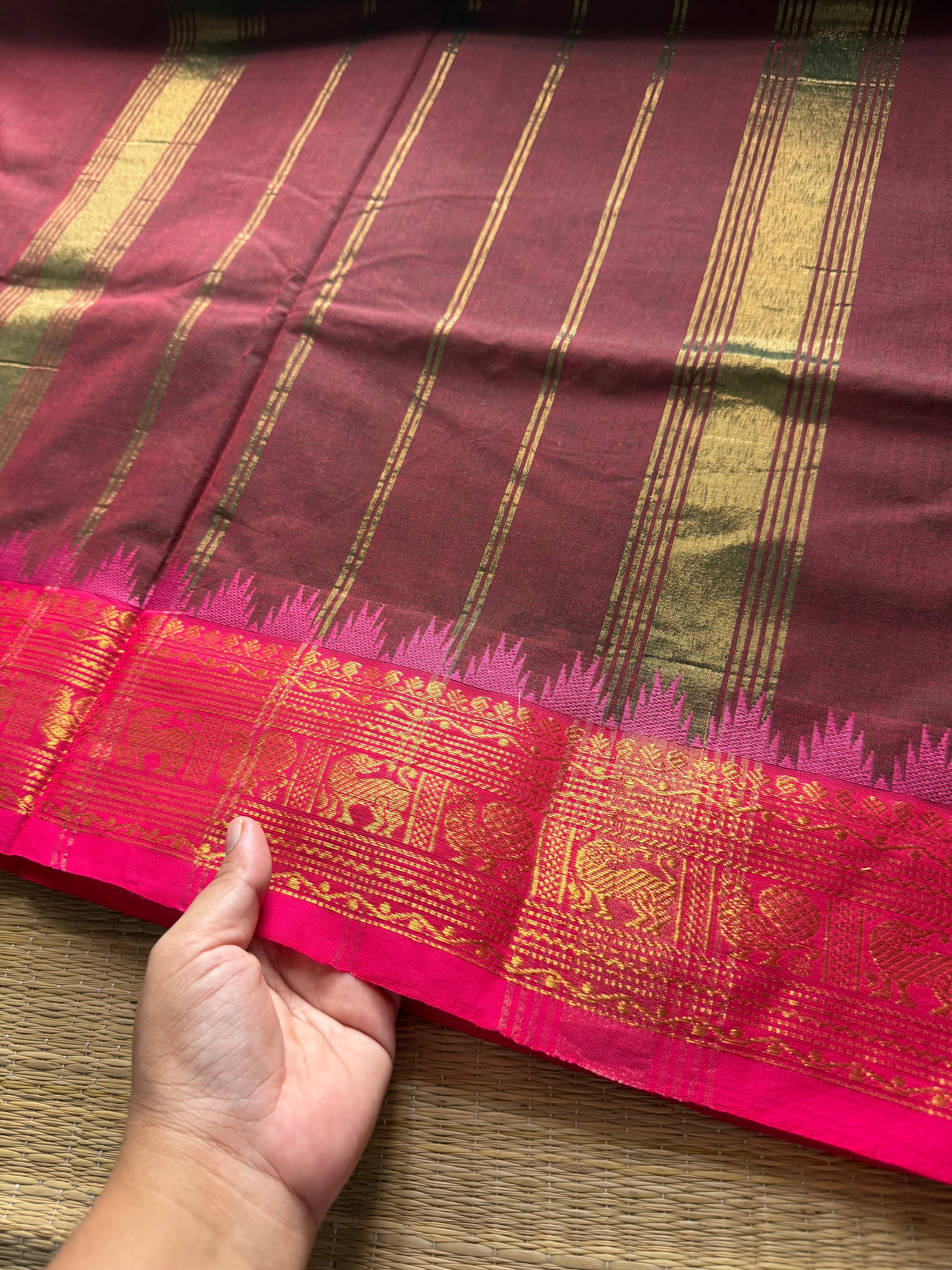 RF280 Maroon Shade Kanchi Cotton Saree With Contrast Pink Annam and Yazhi pattern Zari border