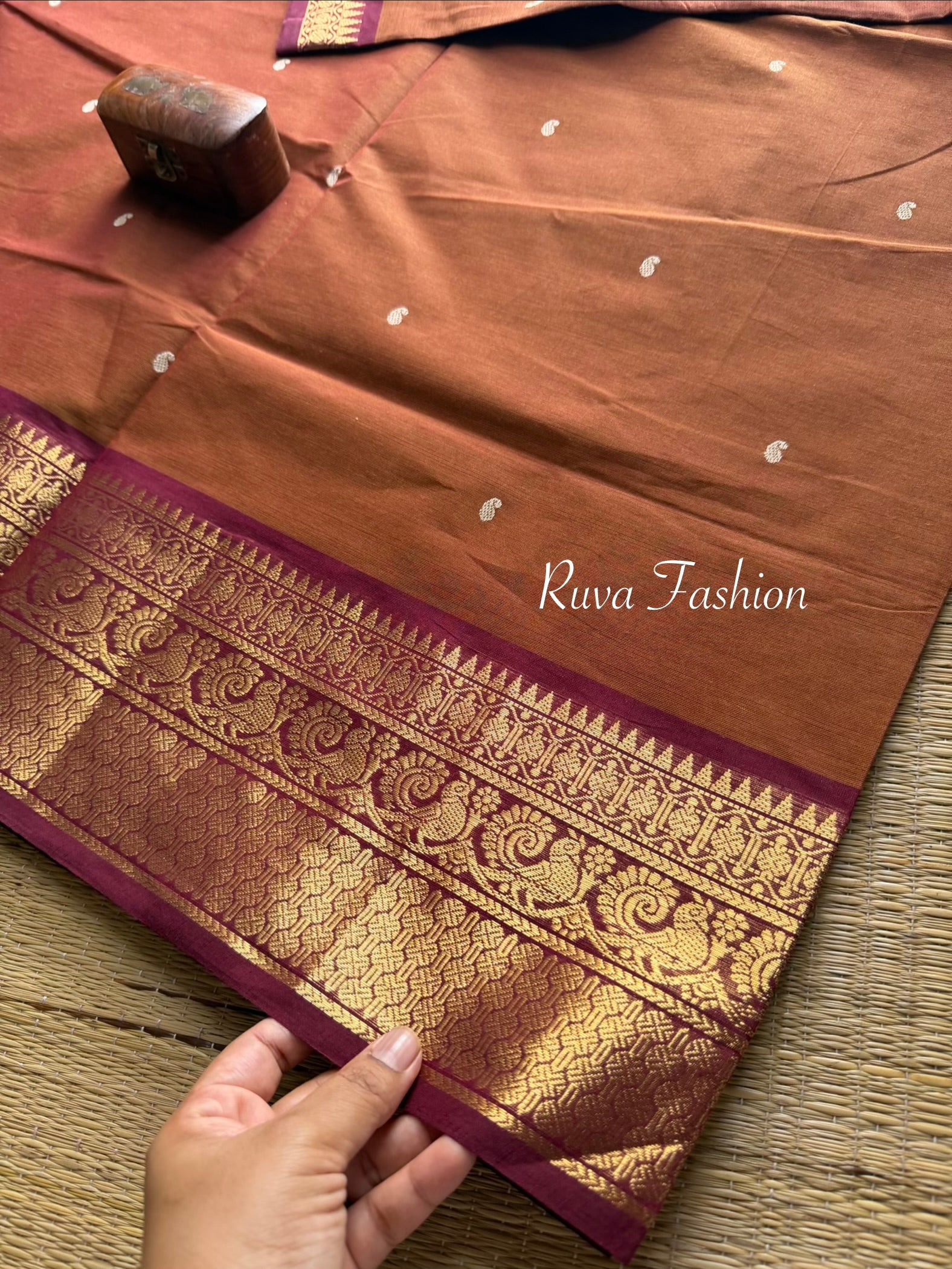 RF81 Dark Honey Shade With Contrast Maroon Annam Pattern Zari Border Kanchi Cotton Saree With Handmade Zari Buttas