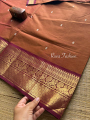 RF81 Dark Honey Shade With Contrast Maroon Annam Pattern Zari Border Kanchi Cotton Saree With Handmade Zari Buttas