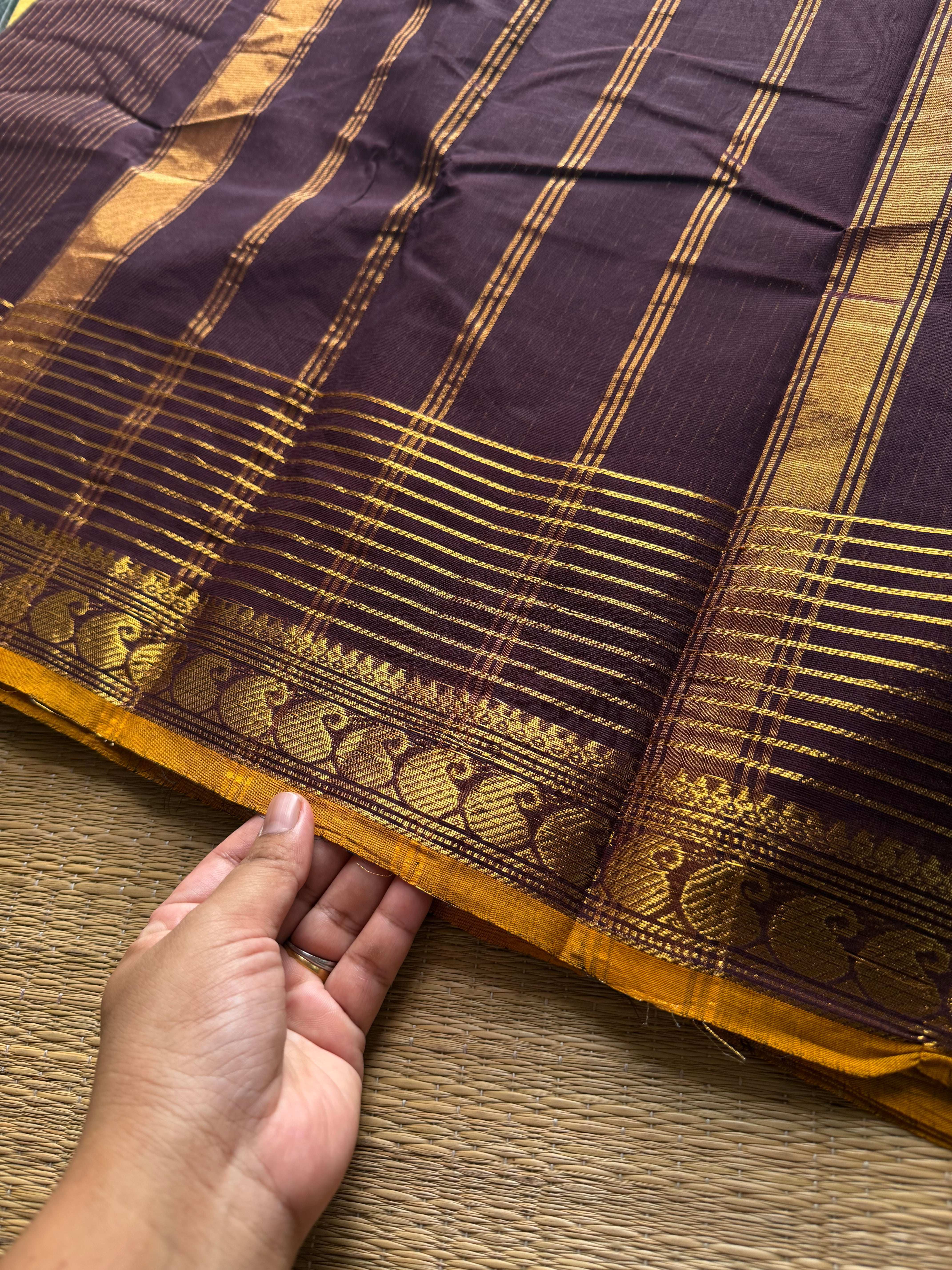 RF582 Coffee brown ~ Vairaoosi pattern Kanchi cotton saree with small contrast mango Zari border
