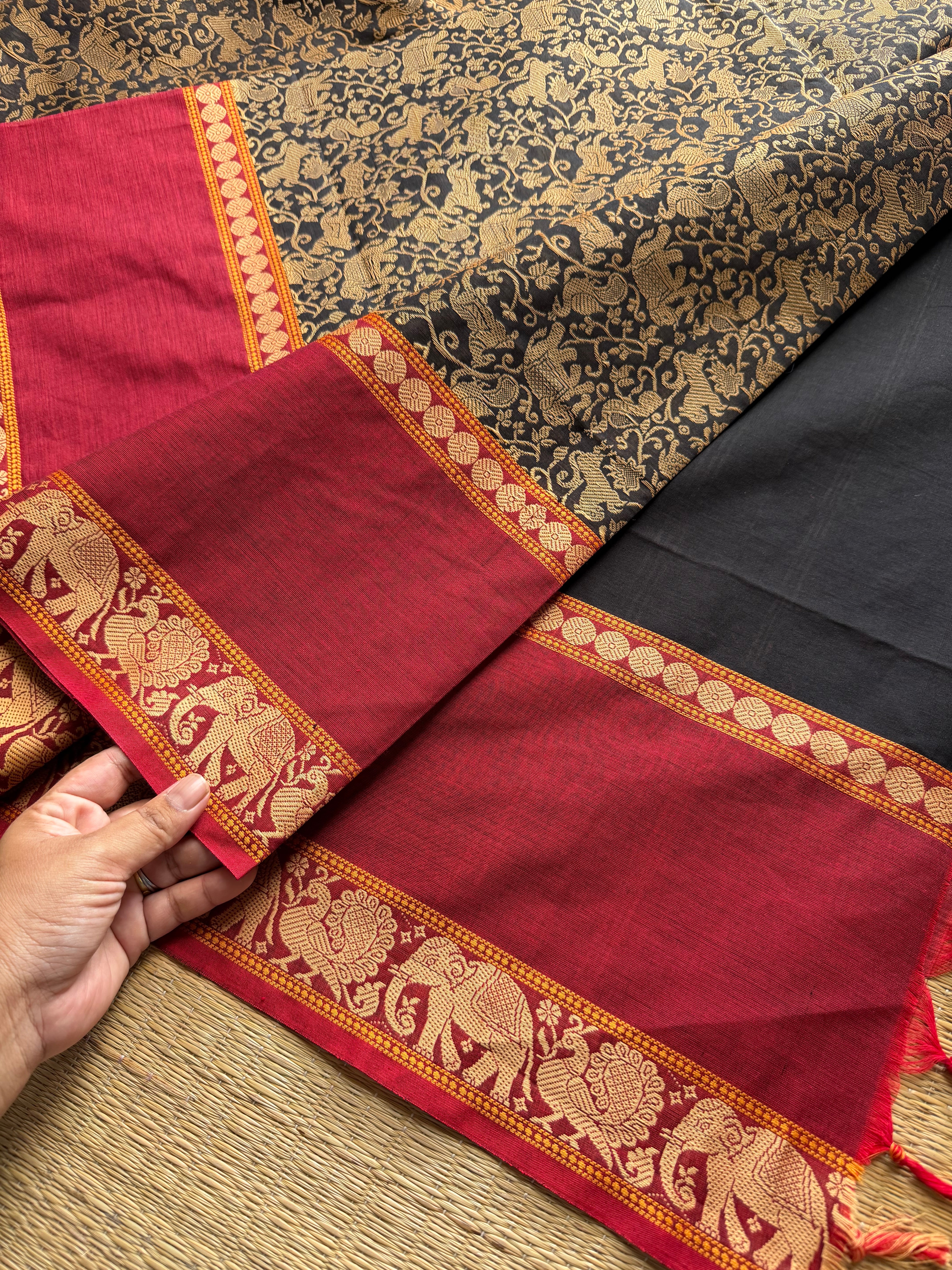 RF657 Premium & Exclusive Vanasingaram Kanchi Cotton saree ~ Black with Red