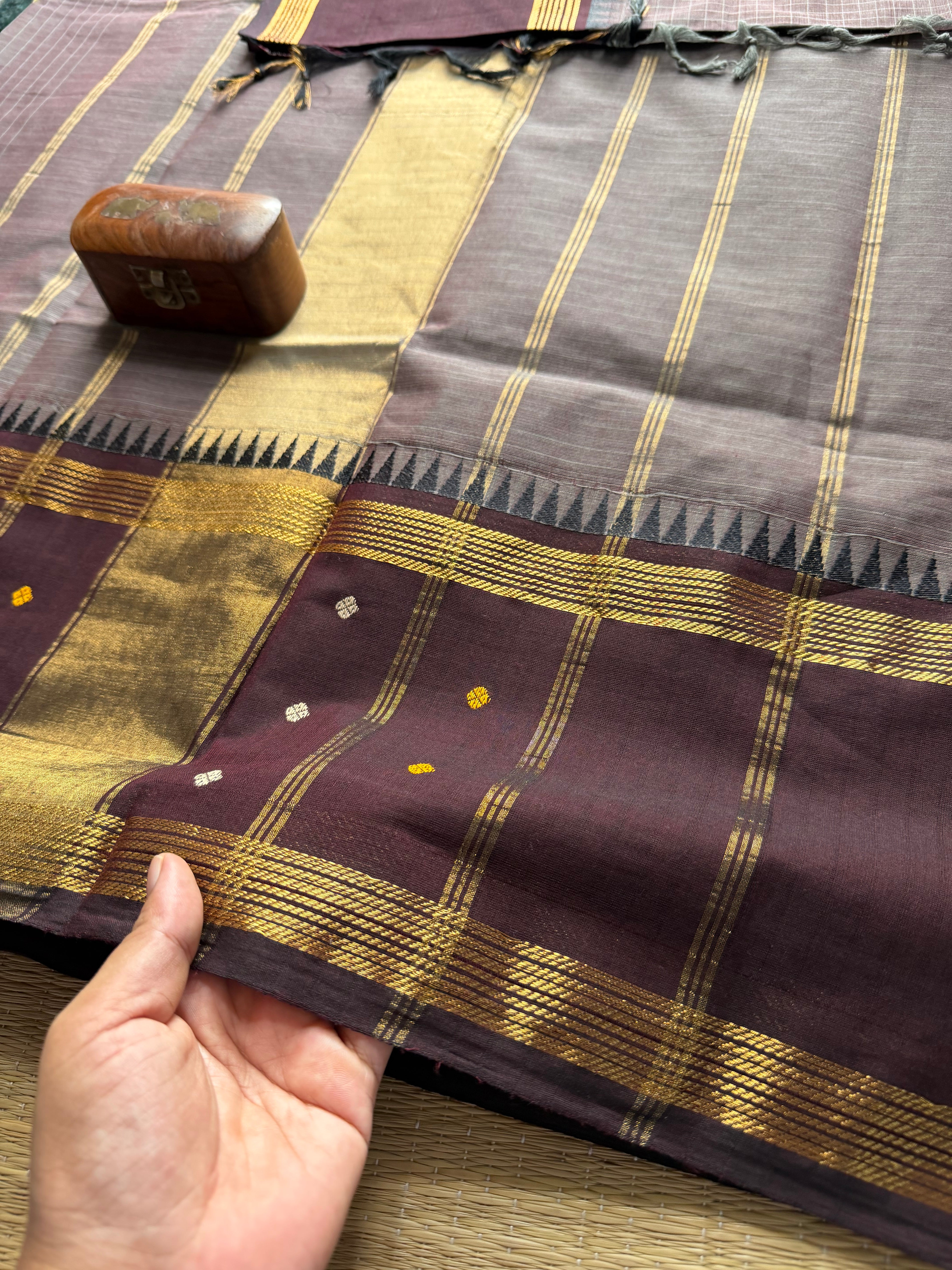 RF212 Grey with brown combination kanchi cotton saree with Vintage Style Border with checks pattern & handwoven Buttas on the border