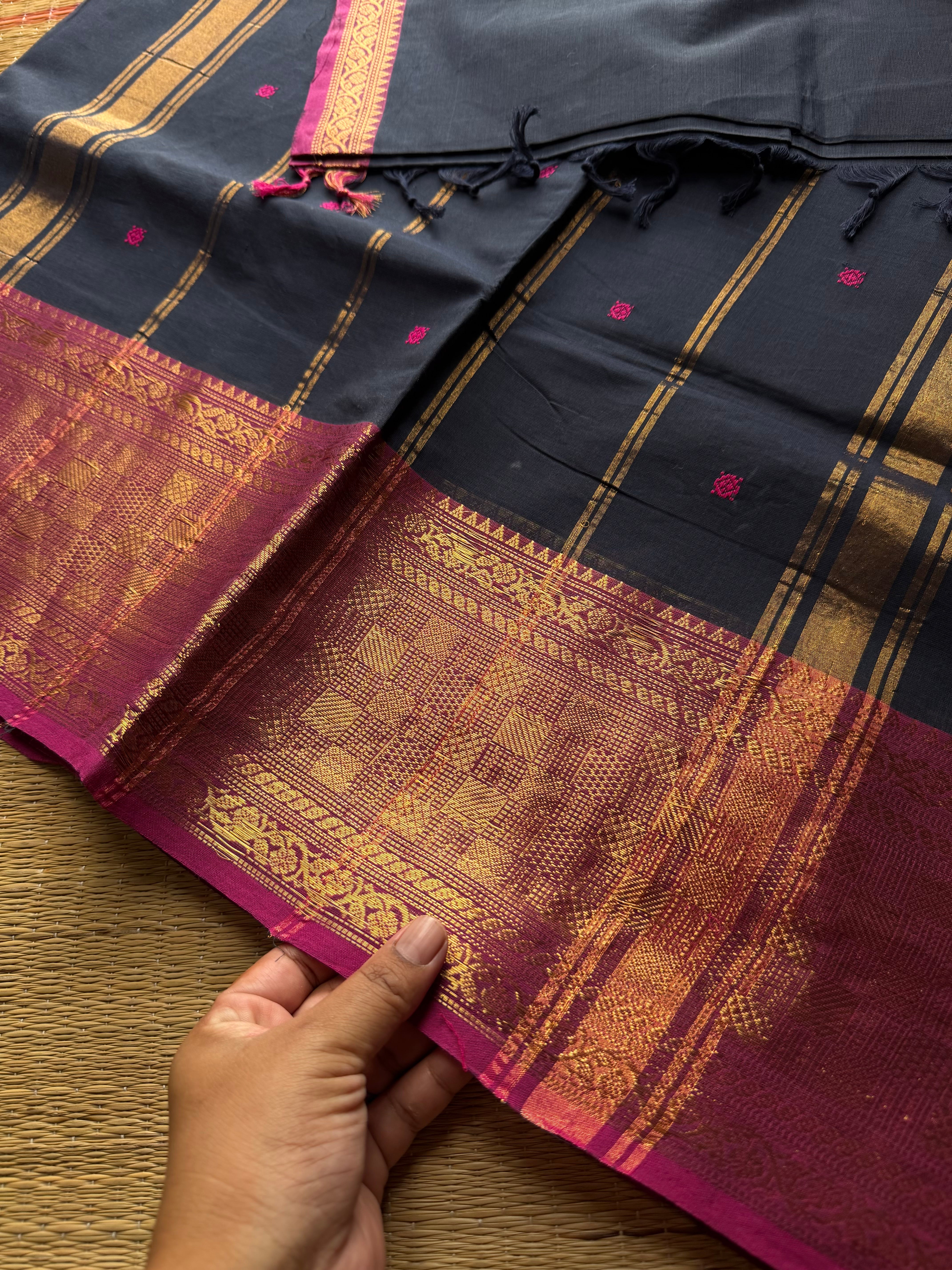 RF888 Kanchi cotton saree with handmade thread buttas ~ Navy Blue