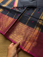 RF888 Kanchi cotton saree with handmade thread buttas ~ Navy Blue