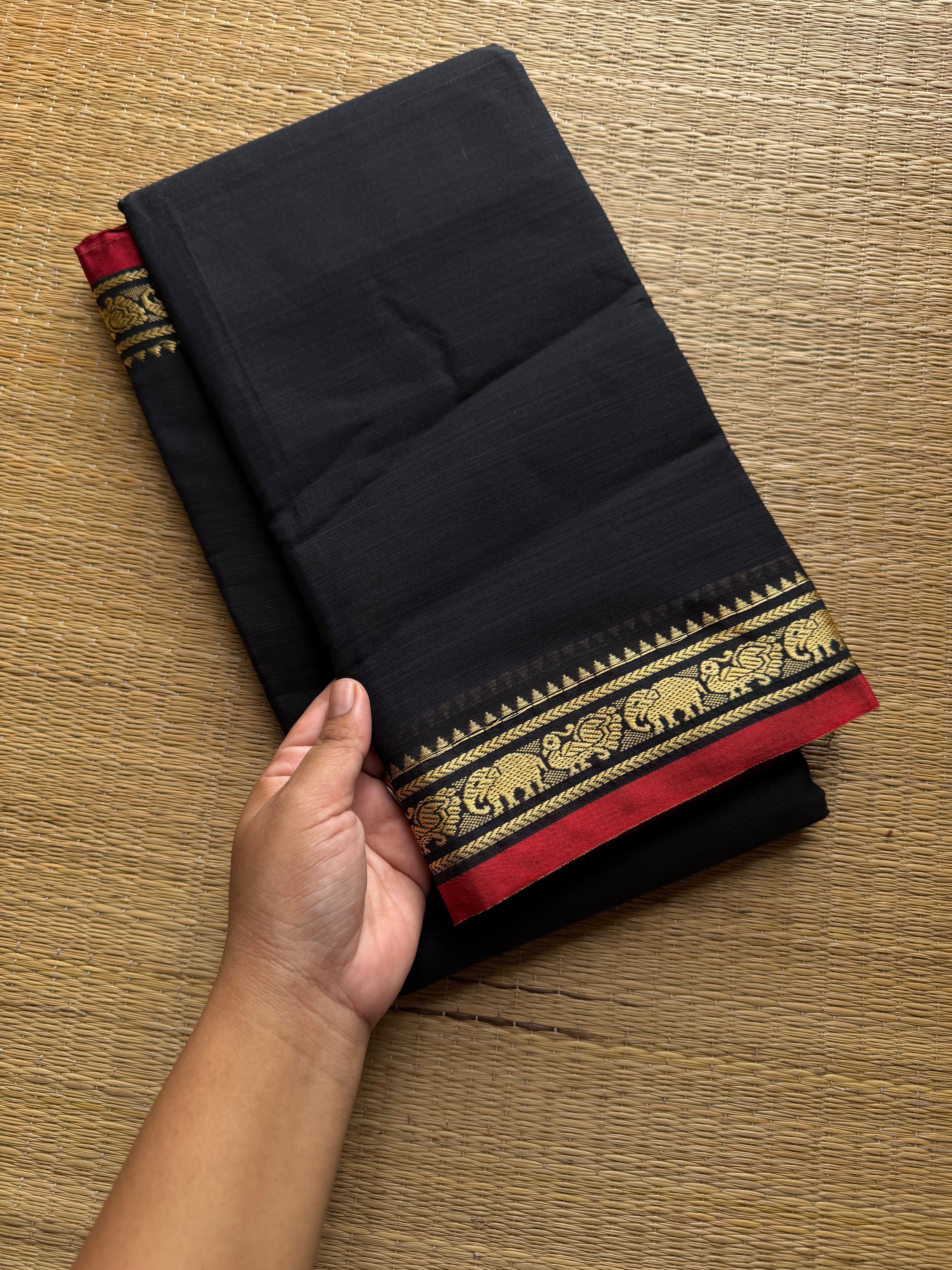 RF928 Black ~ Mercerised Narayanpet soft cotton saree with small thread border