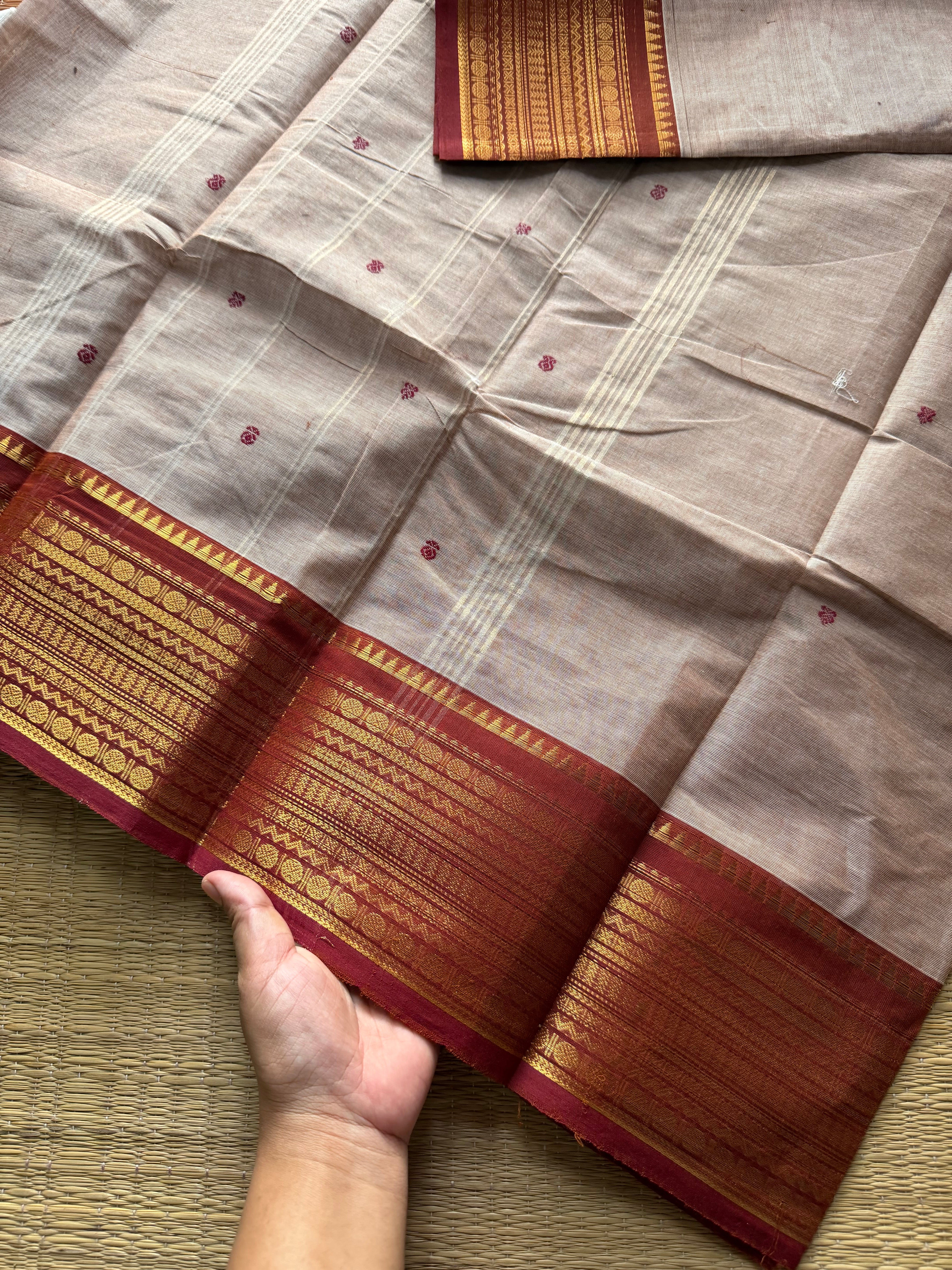 RF447 Beige with contrast rust orange combination Kanchi cotton saree with handmade thread buttas