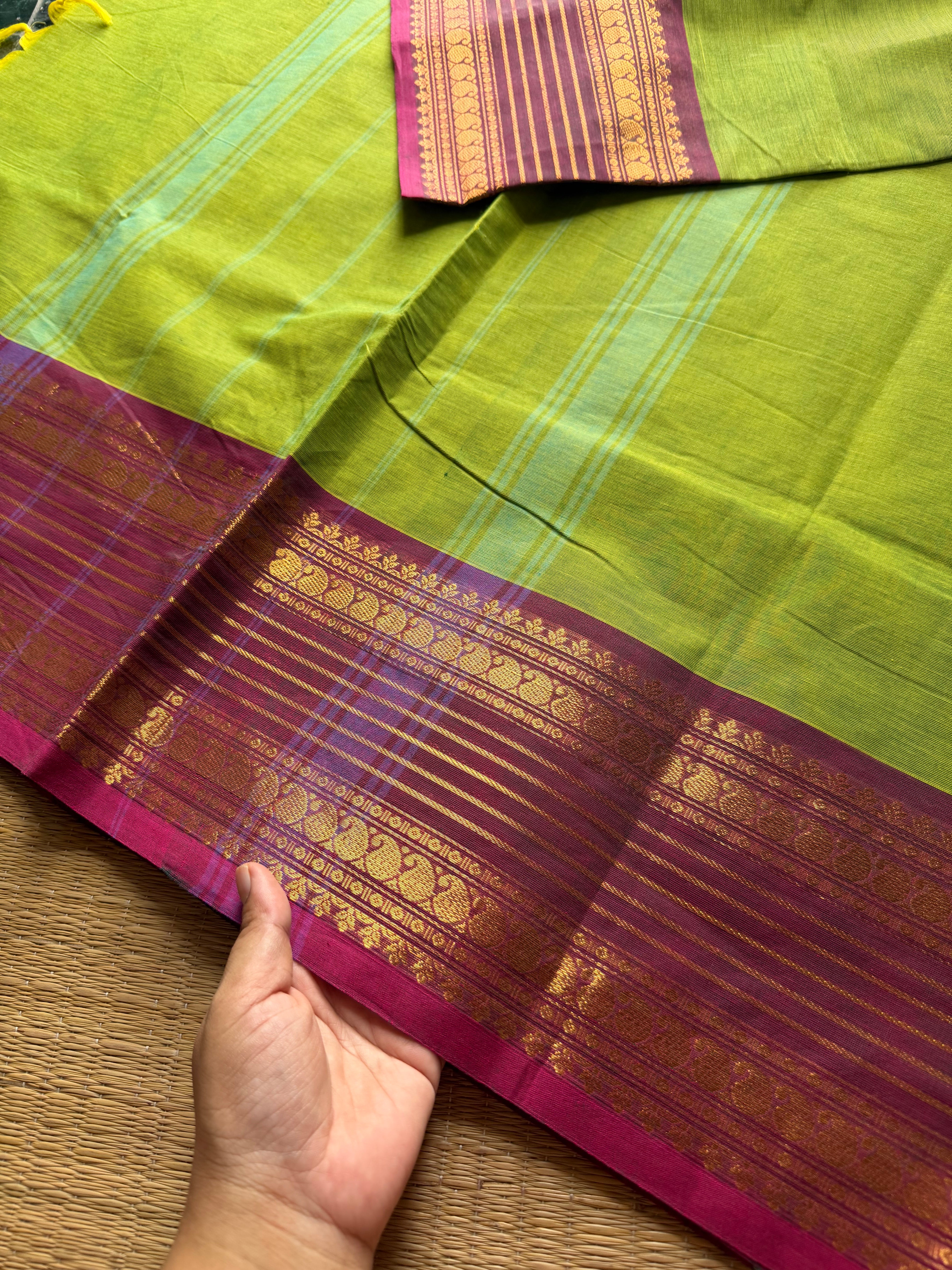 RF535 Dual tone Apple green with pink combination Kanchi cotton saree with unique border
