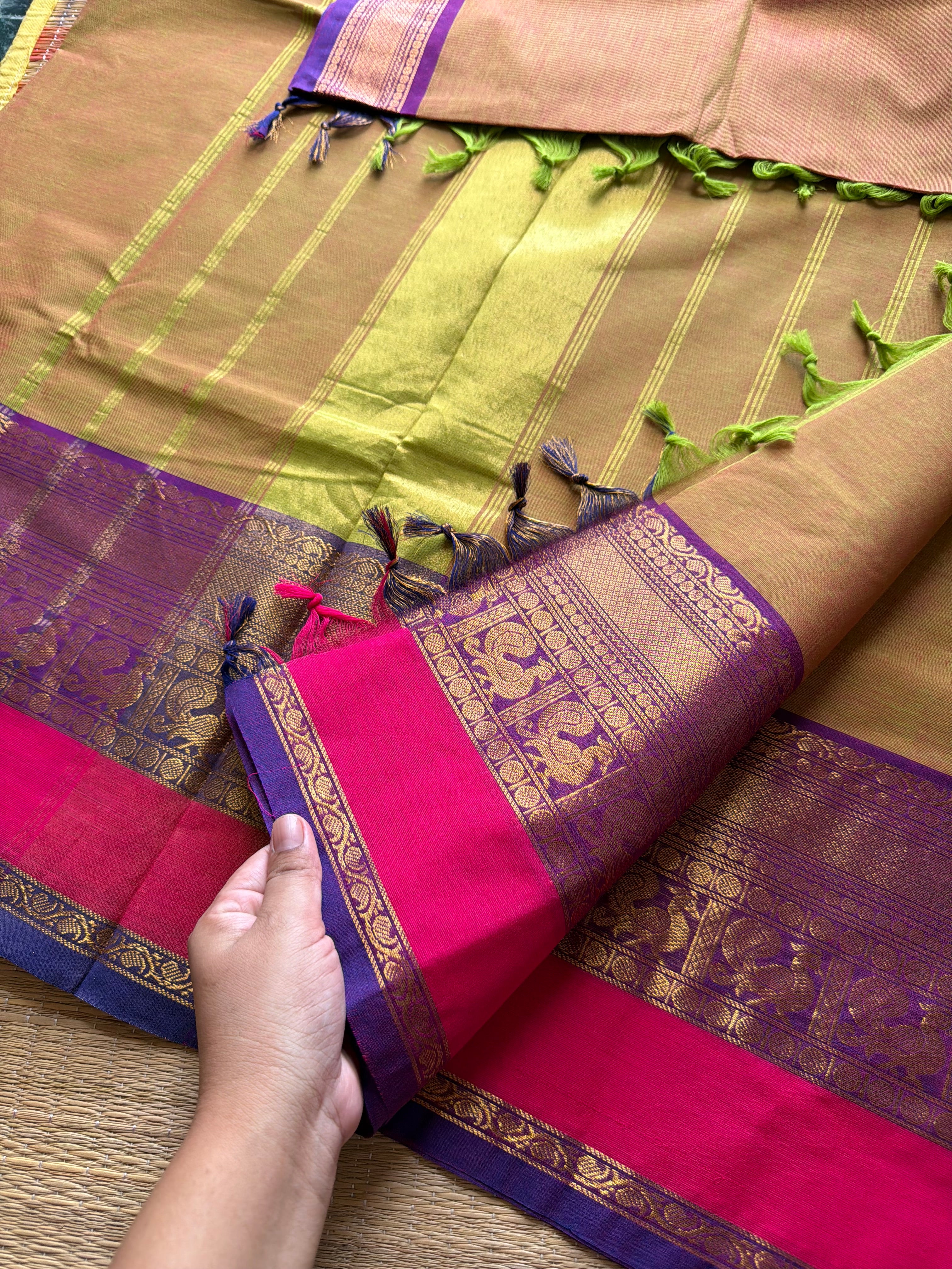 Yellow and green mixed shade Kanchi cotton saree with big Zari border