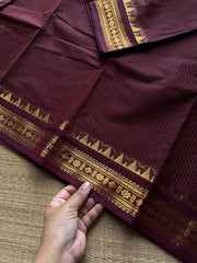 RF1424 Monotone Coffee brown ~ Small border Kanchi cotton saree with thread weaving stripped lines pattern